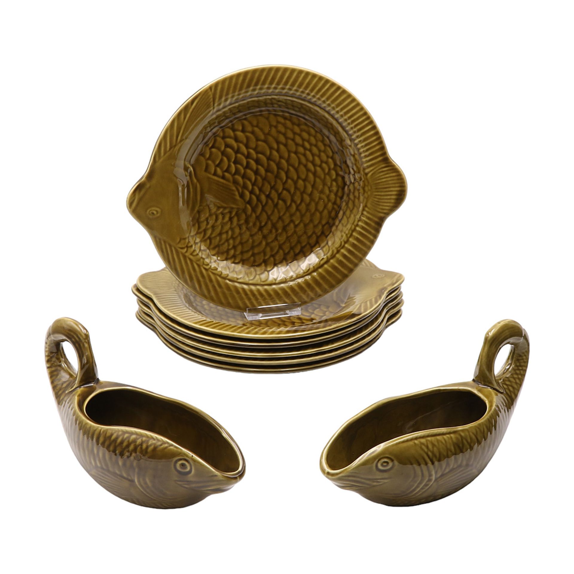 Six fish plates and two sauce boats, Sarreguemines, France, 2nd half of the 20th century