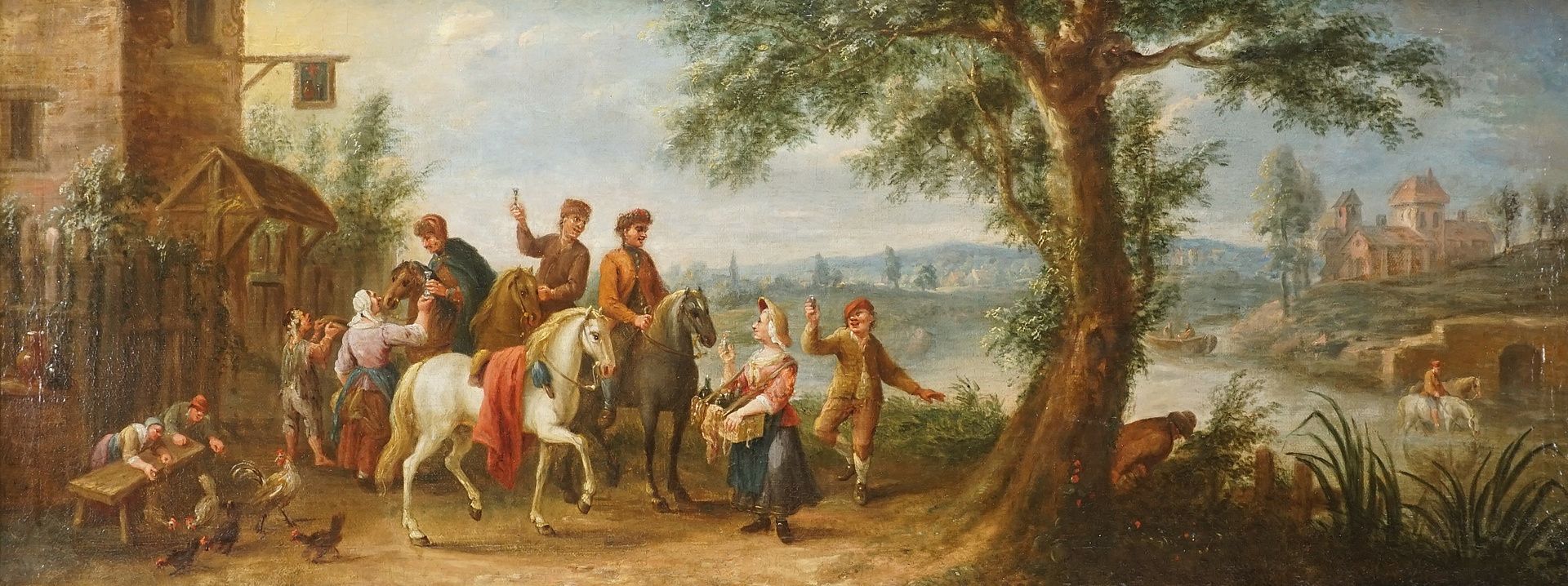 Jacques Guillaume van Blarenberghe,  Reiter vor Schenke am Fluss