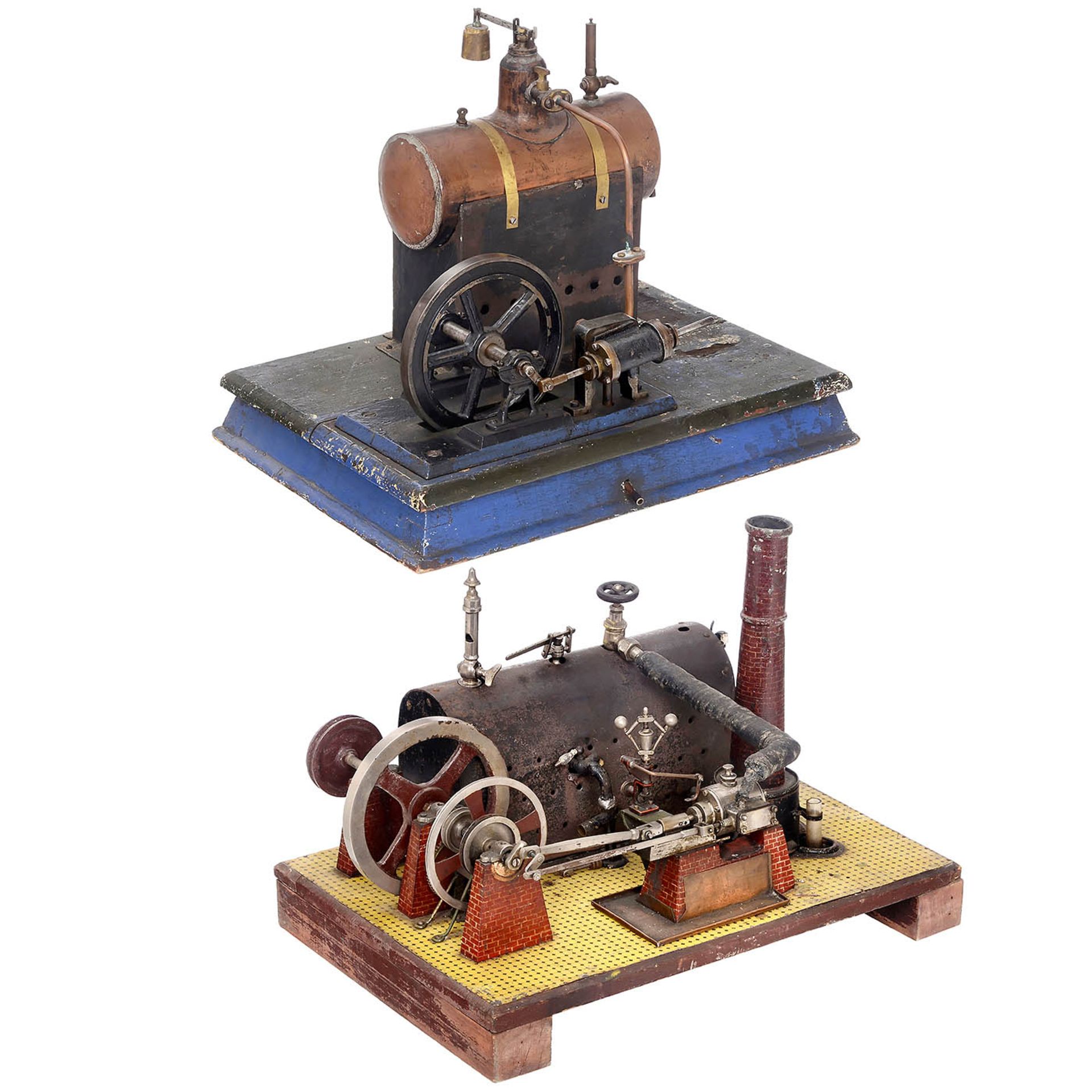 2 Live-Steam Single-Cylinder Vertical Steam Engines with Boilers, c. 1900