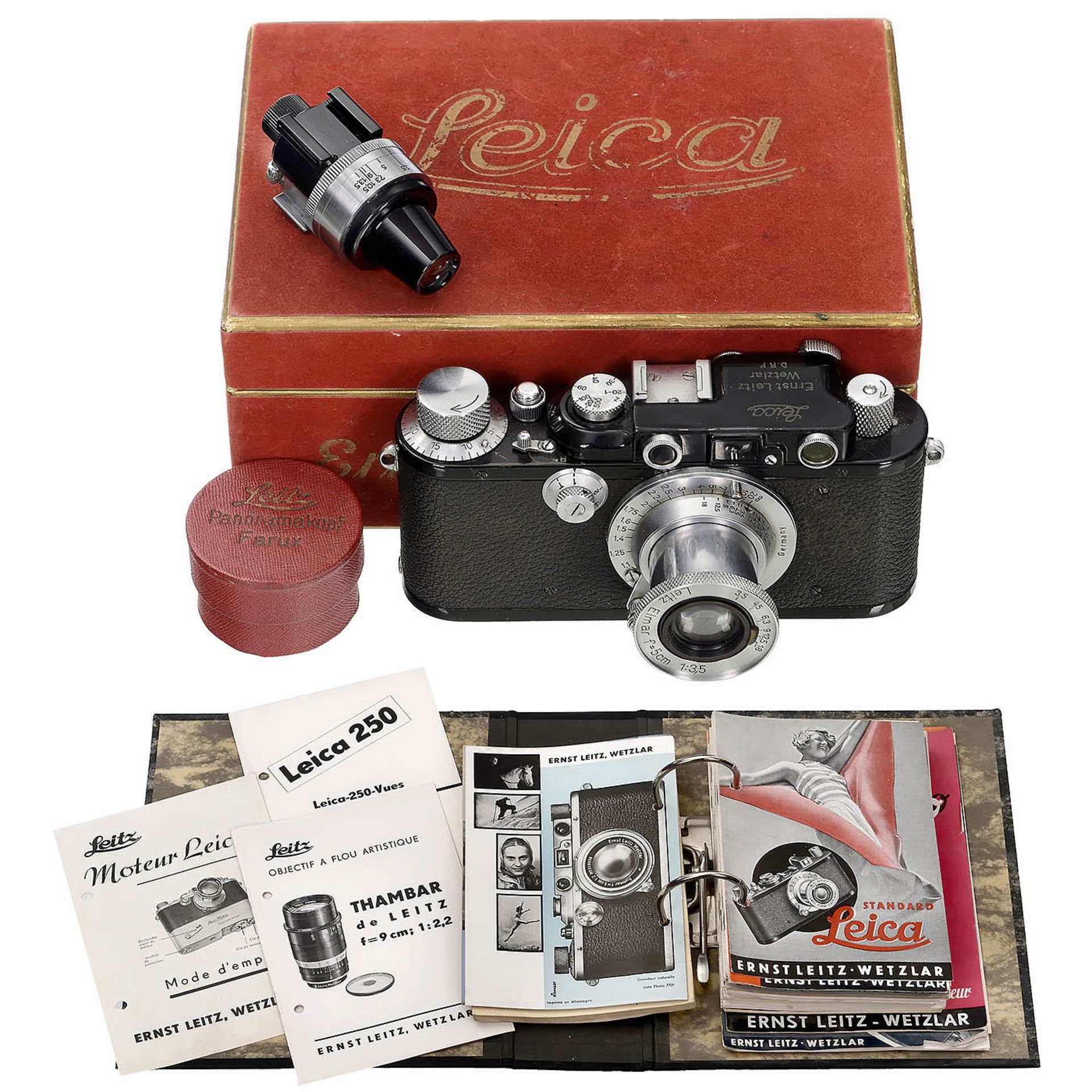Leica III Camera with VIDOM, Brochure Collection and 2 Red Boxes, 1933-39