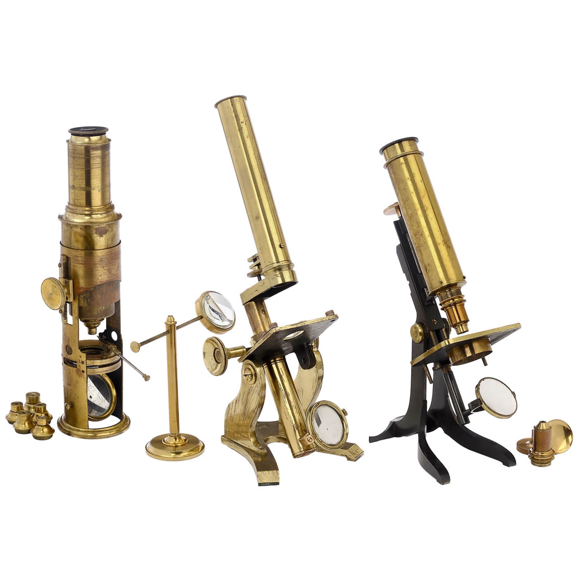 3 English Brass Compound Microscopes