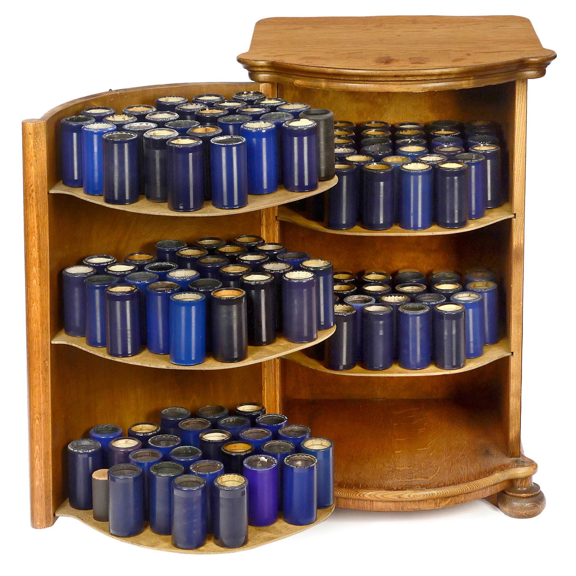 Herzog Bowfront Cylinder Cabinet and 122 Blue Amberol Cylinders, c. 1910