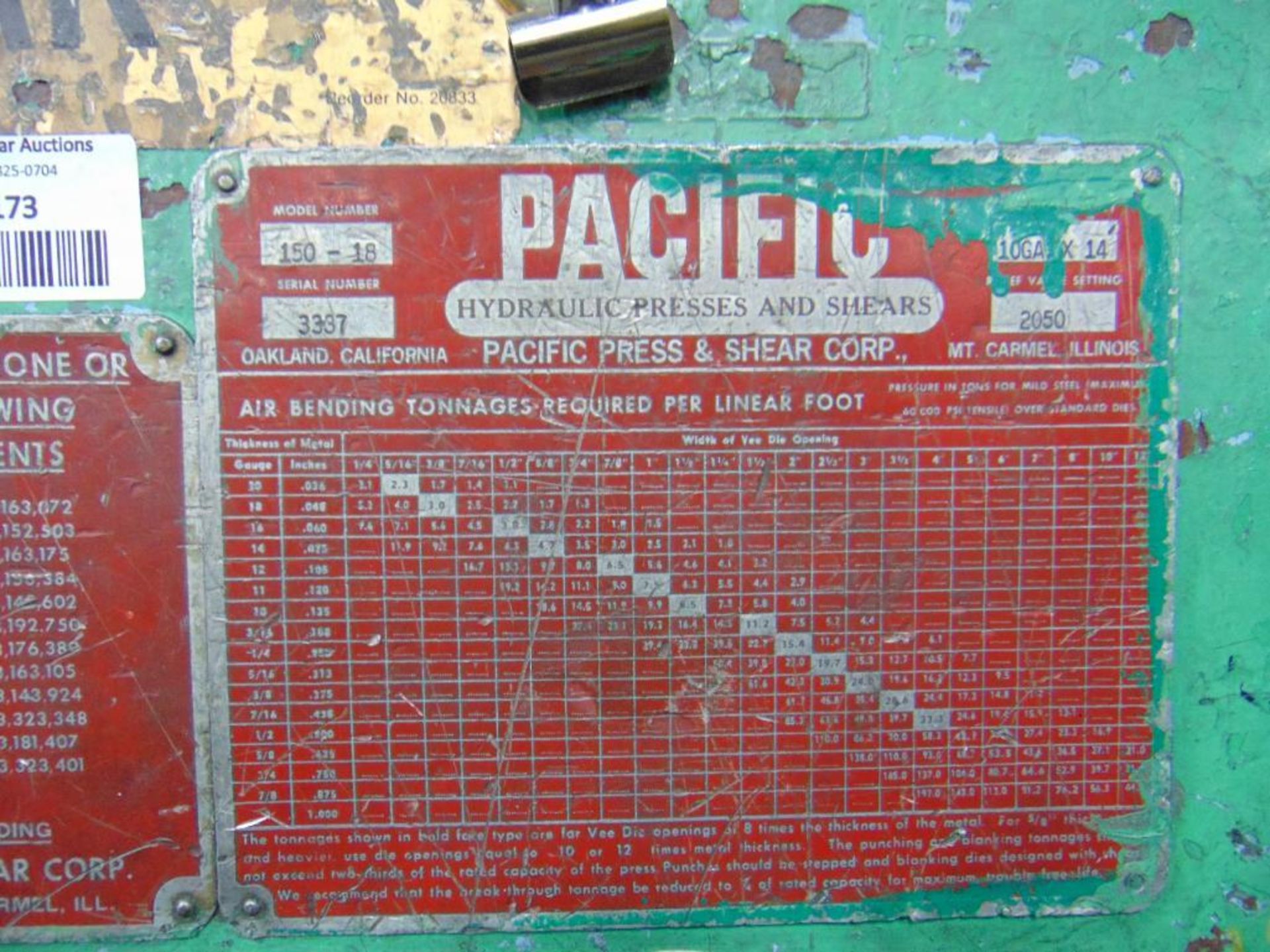 Pacific Model 150/18 150 Ton Hydraulic Press - Image 5 of 9
