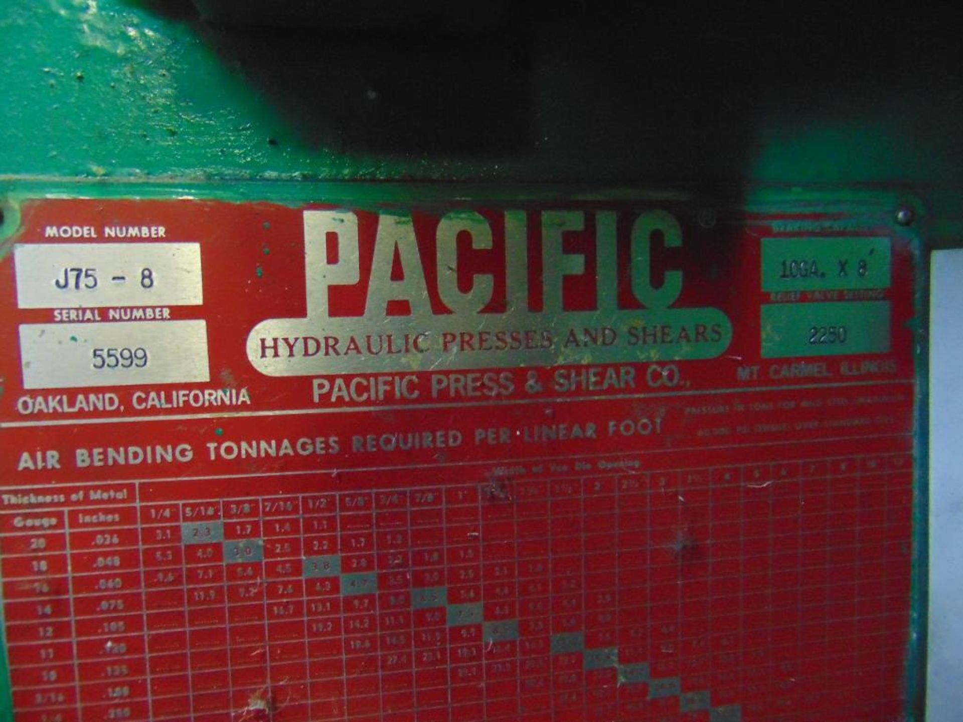 Pacific Model J75-8 75 Ton Hydraulic Press - Image 9 of 11