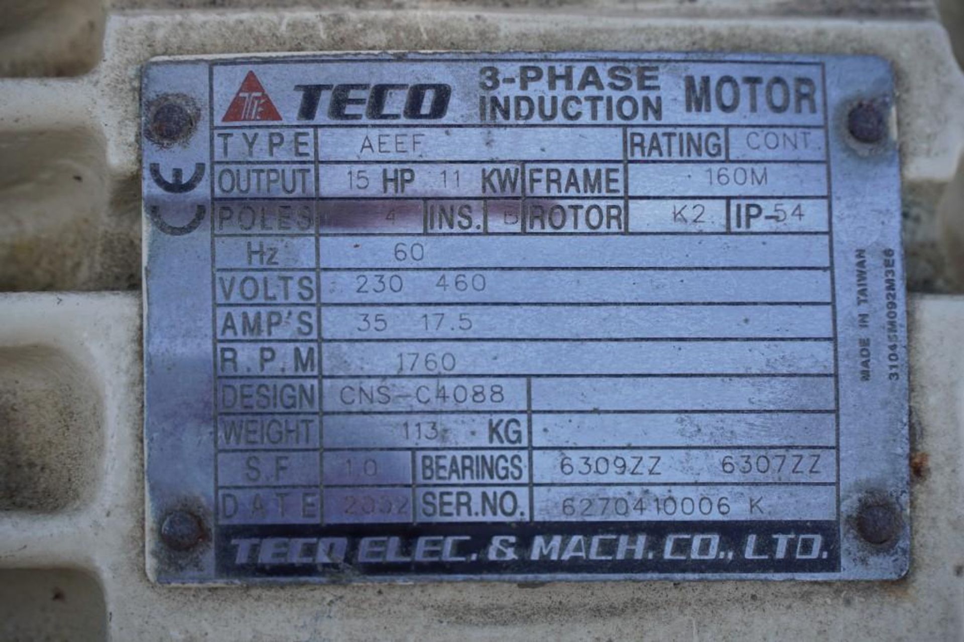 2002 Teco Electric & Machinery CO Electric Motor - Image 2 of 7