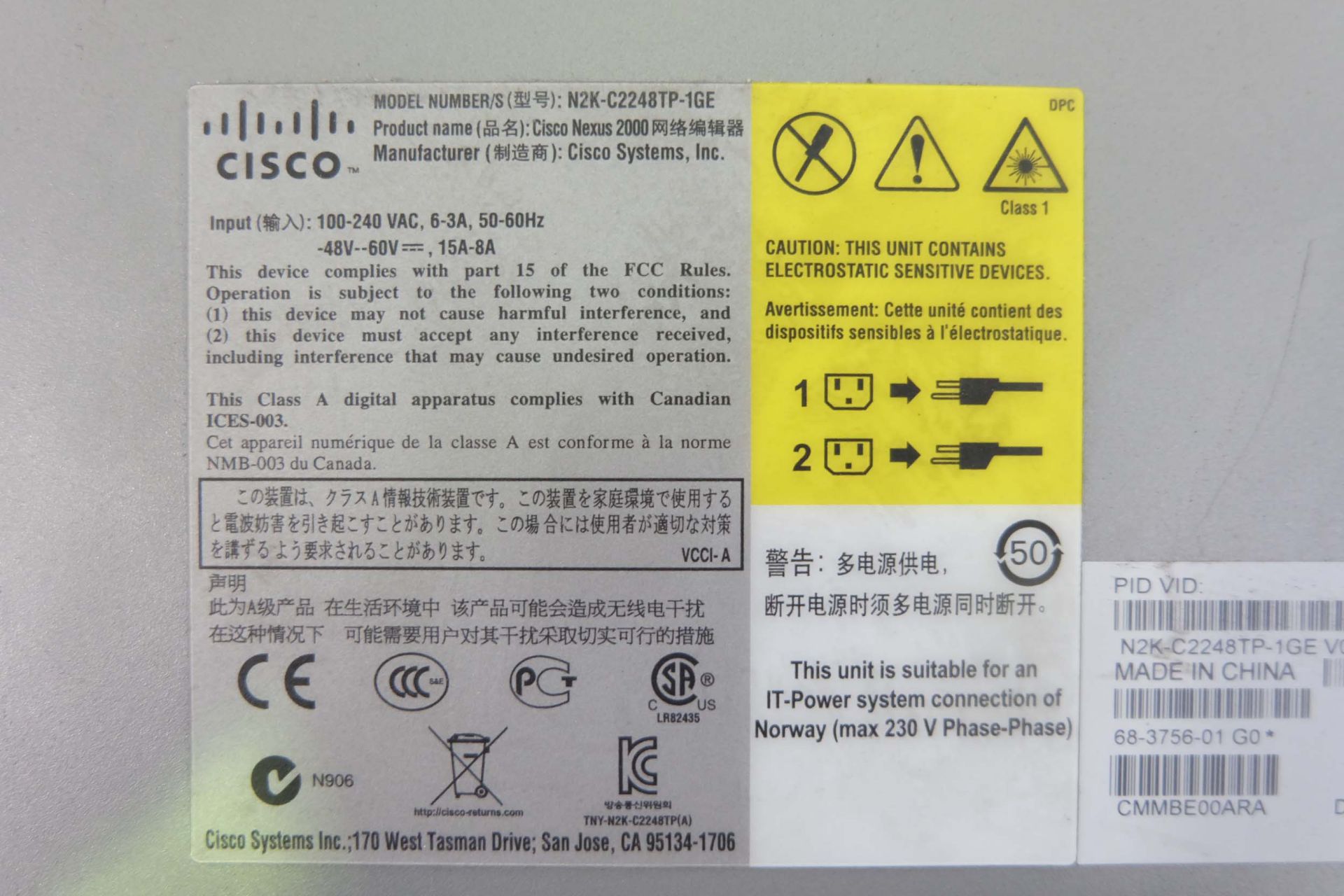 8 x Cisco Nexus 2000 Model N2K-C2248TP 1GE Rack Mountable Fabric Extemnders. 48 x 1 G6e + 4 x SFP + - Image 9 of 10