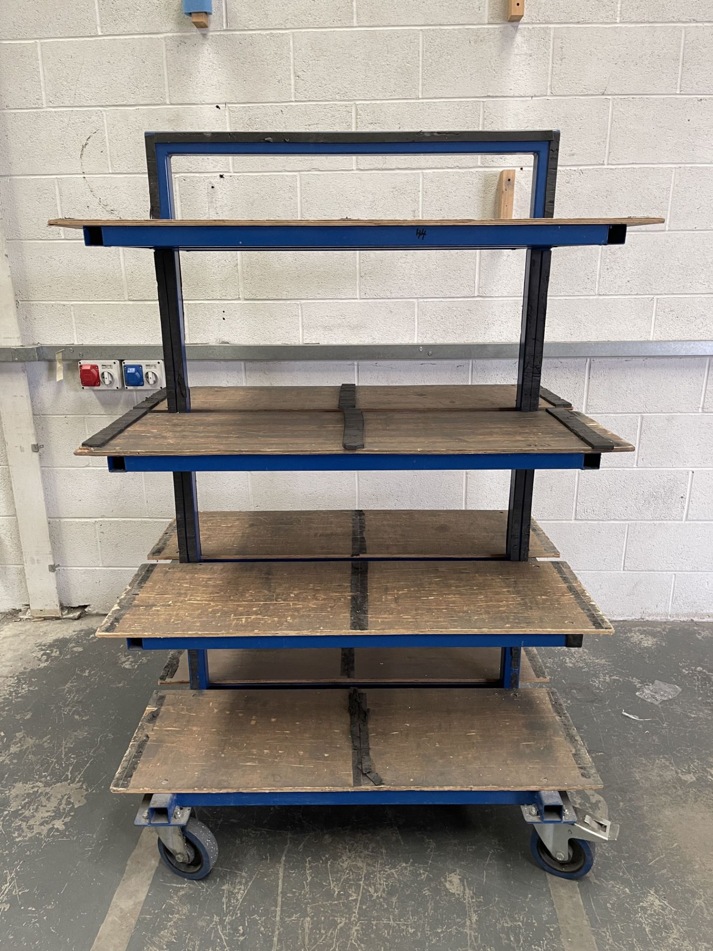 Heavy Duty Mobile Work Trolley. Steel Tube Construction With Wooden Shelving. Locking Wheels. Size:
