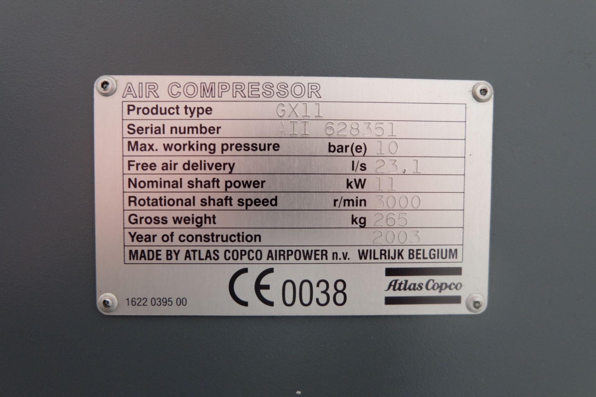 Atlas Copco GX II 15HP Rotary Screw Air Compressor. Max Working Pressure 10 Bar. Free Air Delivery 2 - Image 7 of 8