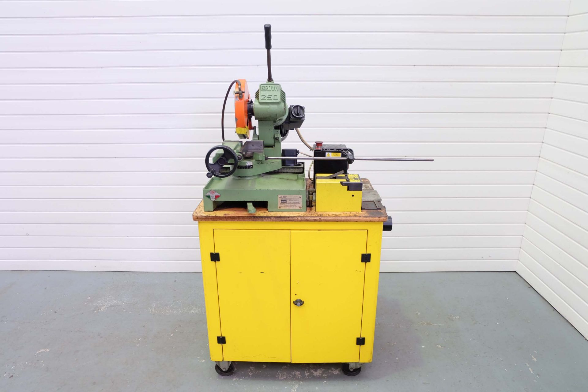 Pedrazzoli Brown 250 250 Pull Down Circular Saw. On Mobile Cabinet with Deburring and Hydraulic Powe