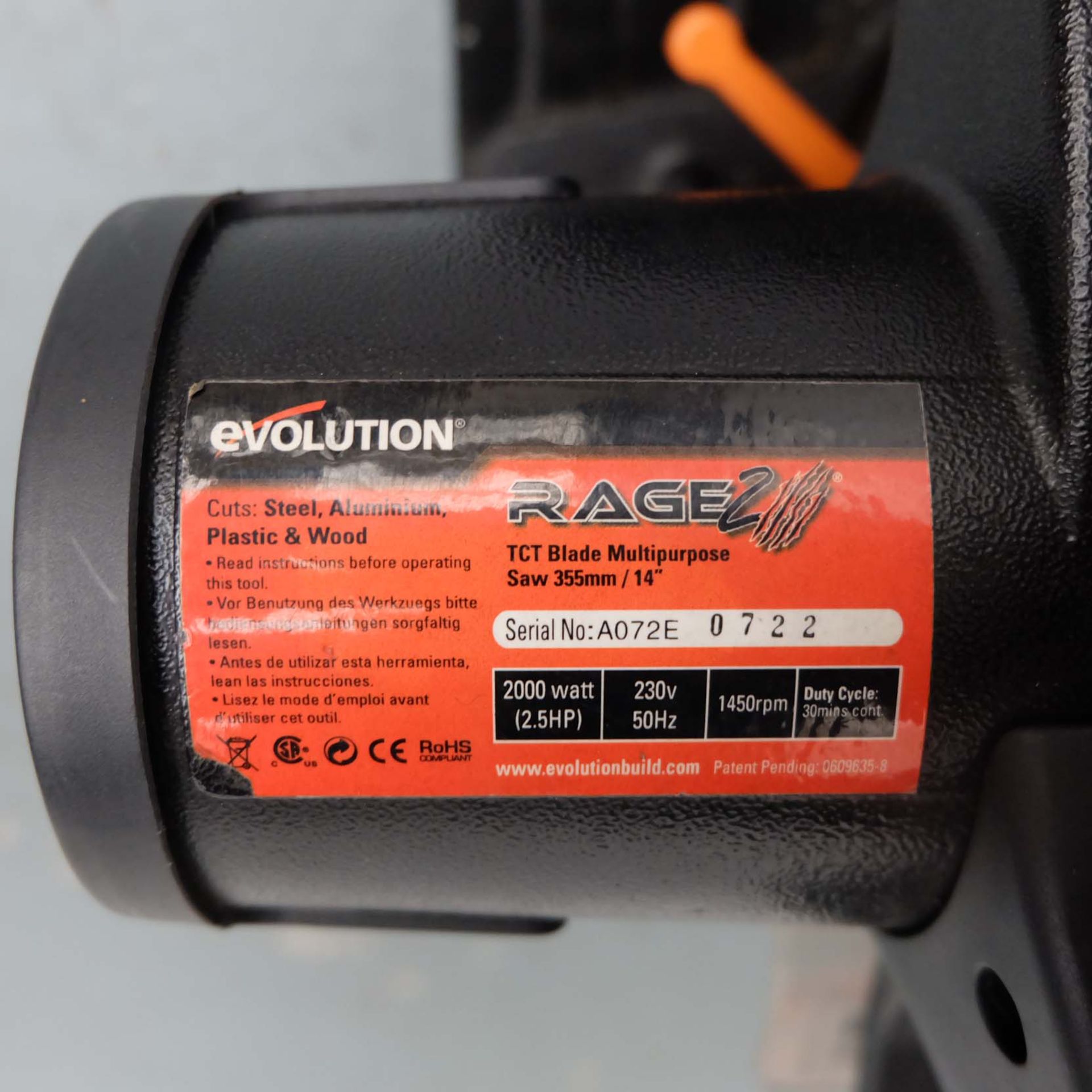 Evolution Rage 2 TCT Blade Multipurpose Saw. Blade Size 355mm/14". Single Phase Motor, 230V, 2000 W - Image 6 of 7