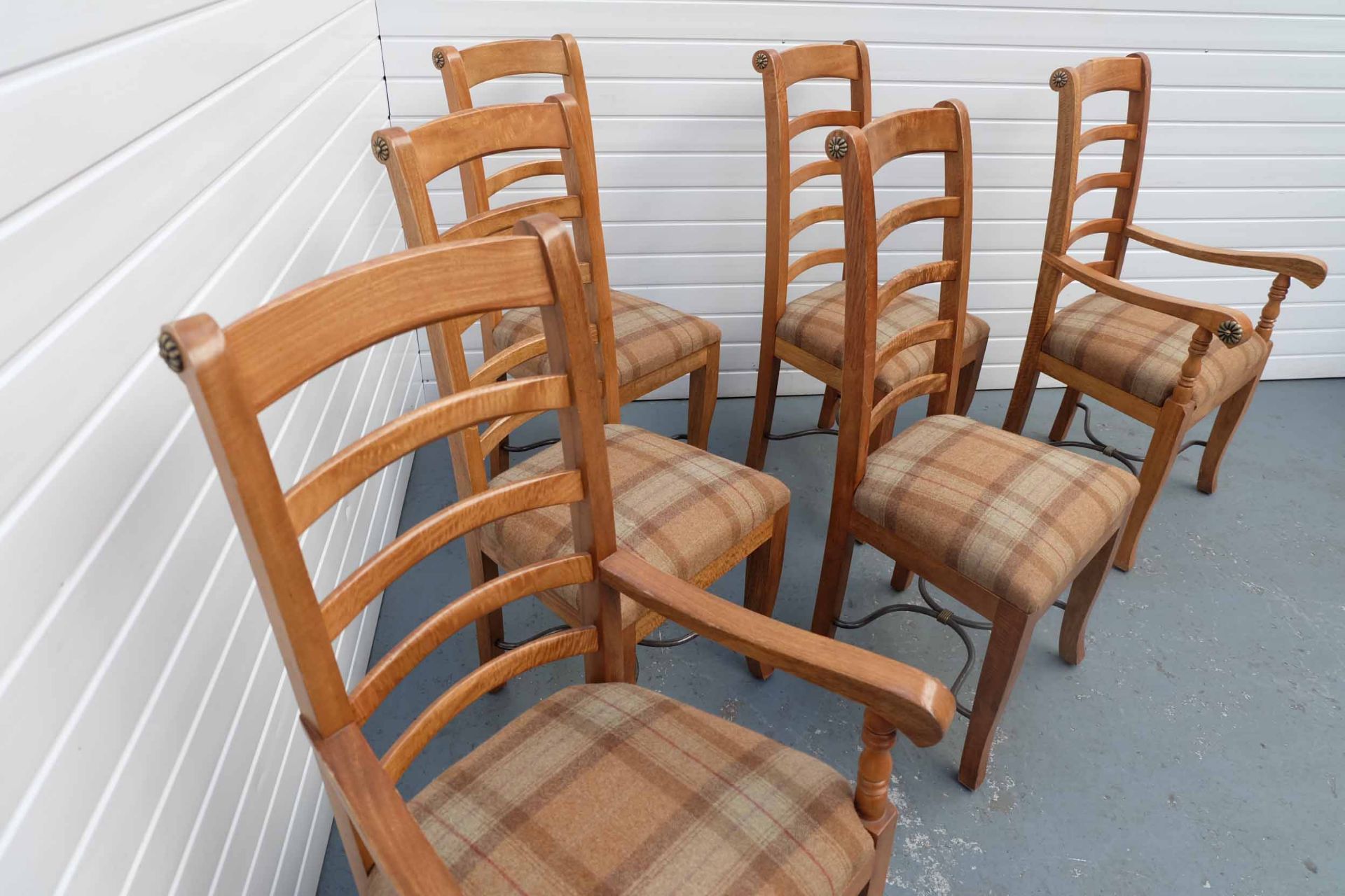 Set of 6 Mango Wood Dining Chairs With Upholstered Seats. Upholstered in Original Harris Tweed. - Image 6 of 7