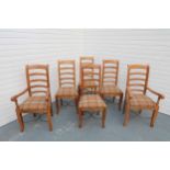 Set of 6 Mango Wood Dining Chairs With Upholstered Seats. Upholstered in Original Harris Tweed.