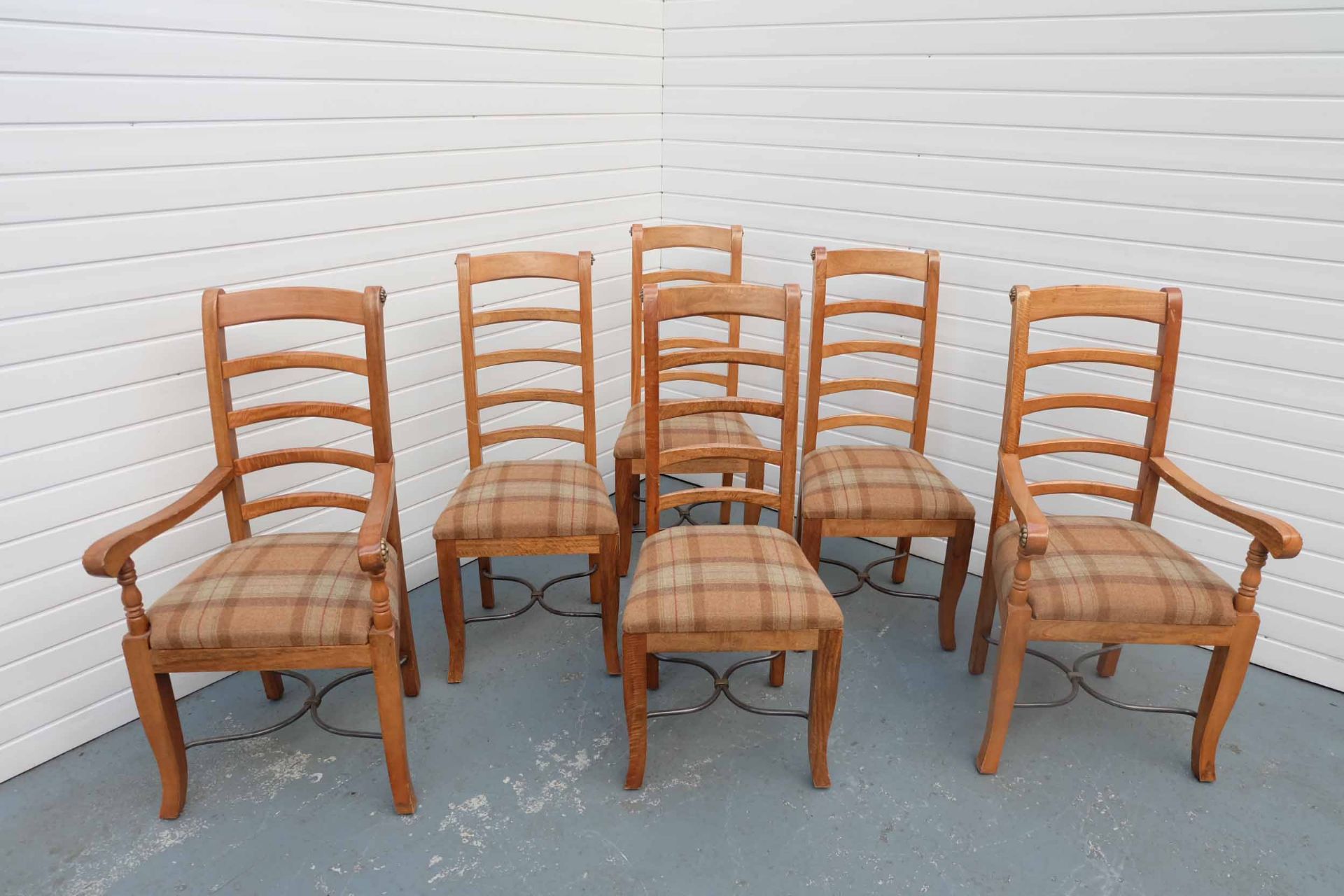 Set of 6 Mango Wood Dining Chairs With Upholstered Seats. Upholstered in Original Harris Tweed.