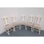 Set of 5 White Wooden Dining Chairs With Upholstered Seats.
