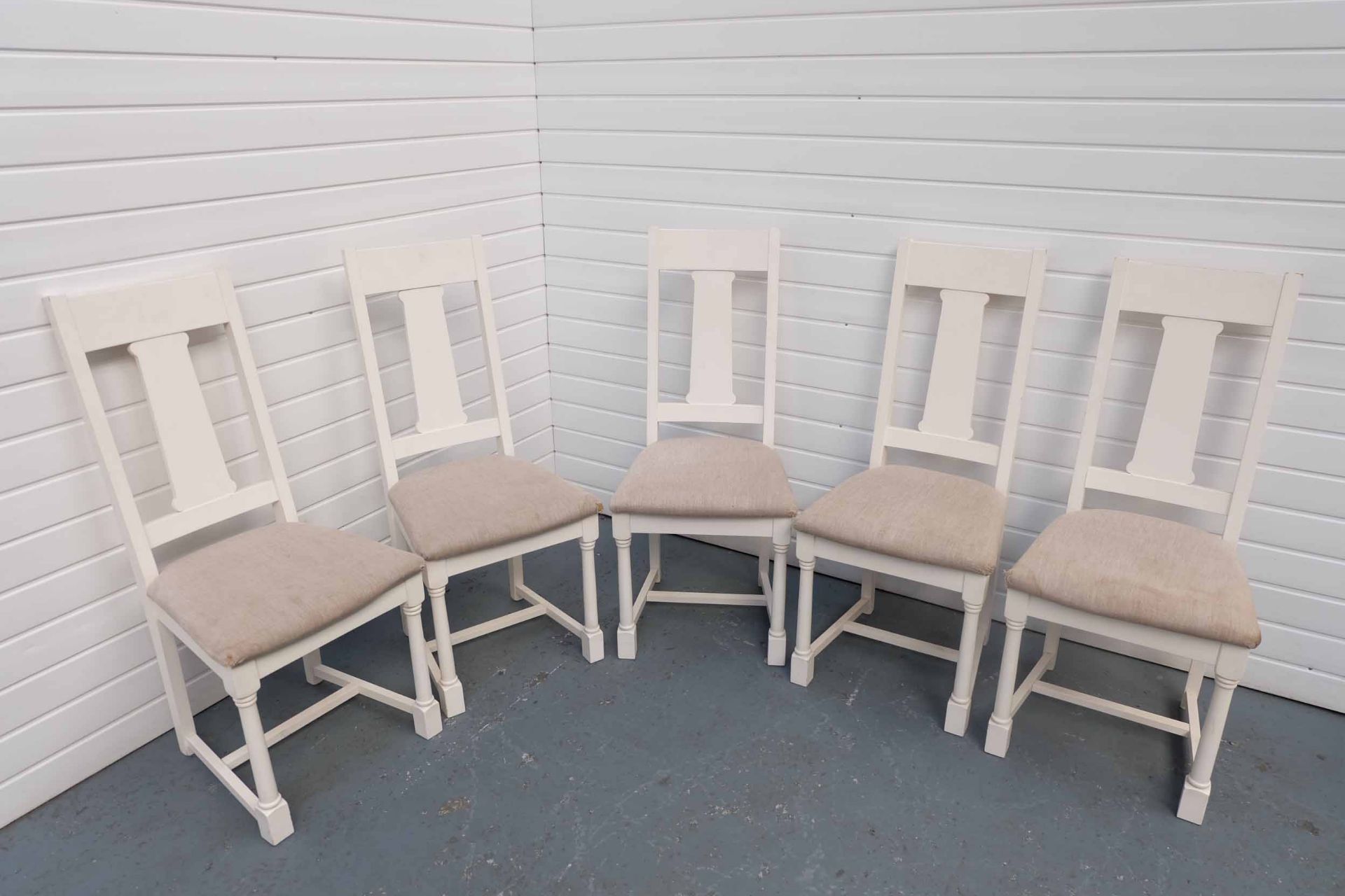 Set of 5 White Wooden Dining Chairs With Upholstered Seats.