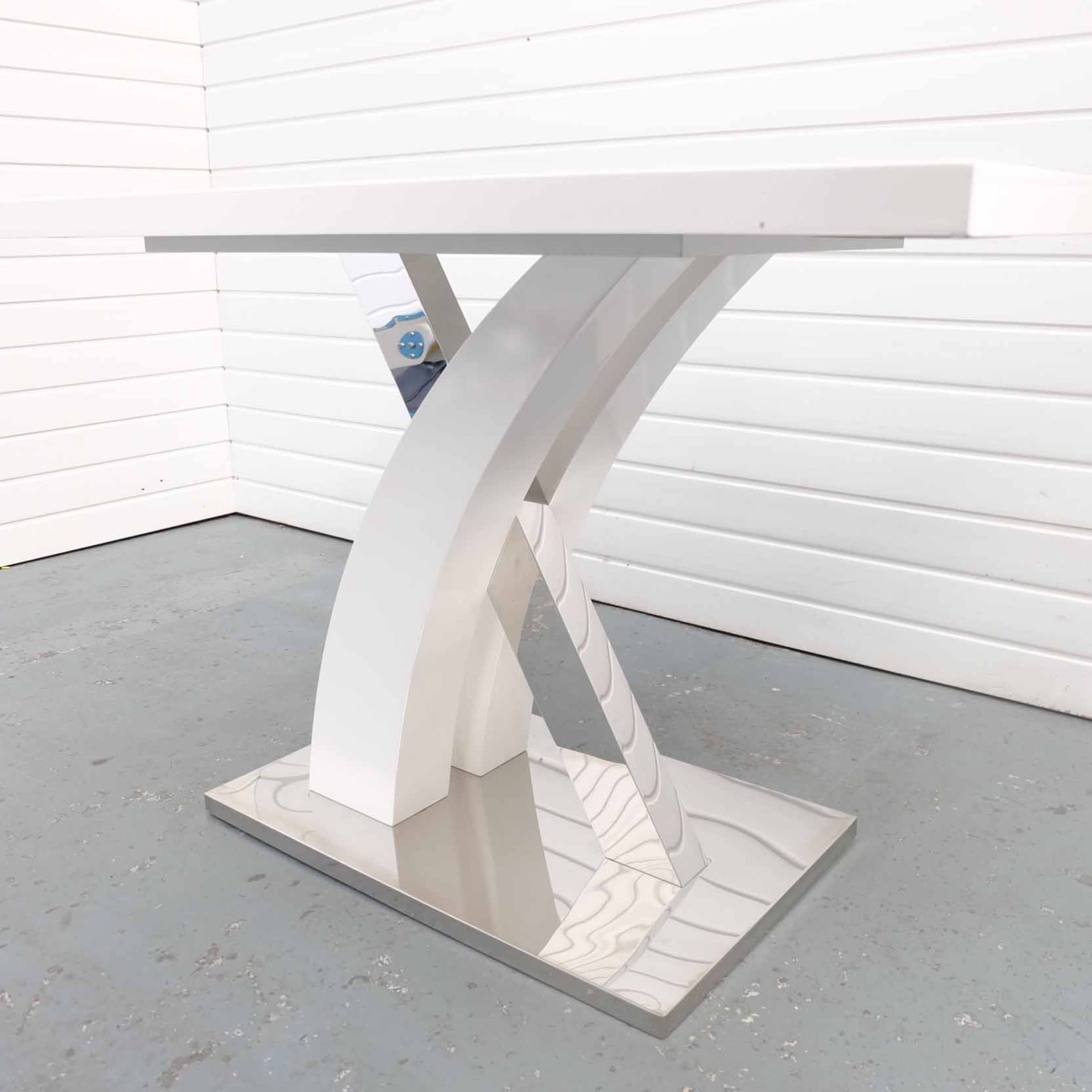 Elegant White High Gloss Kitchen Dining Table With Stainless 'X' Shaped Steel Base. - Image 4 of 5