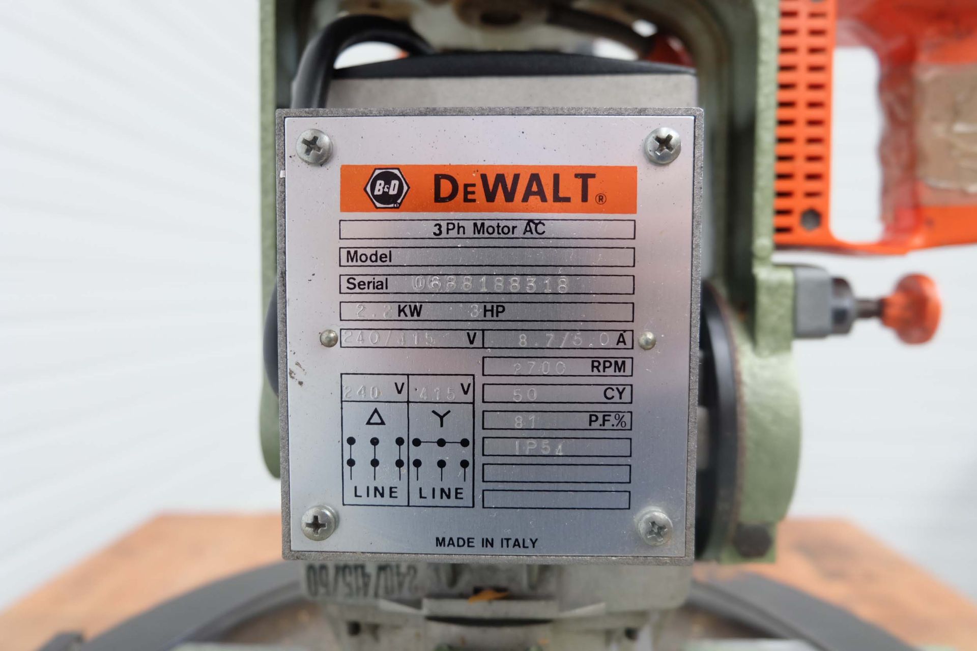 DeWalt Model DW8003 Radial Arm Saw. Motor 3 Phase, 2.2kW, 3Hp. Made in Italy - Bild 7 aus 8