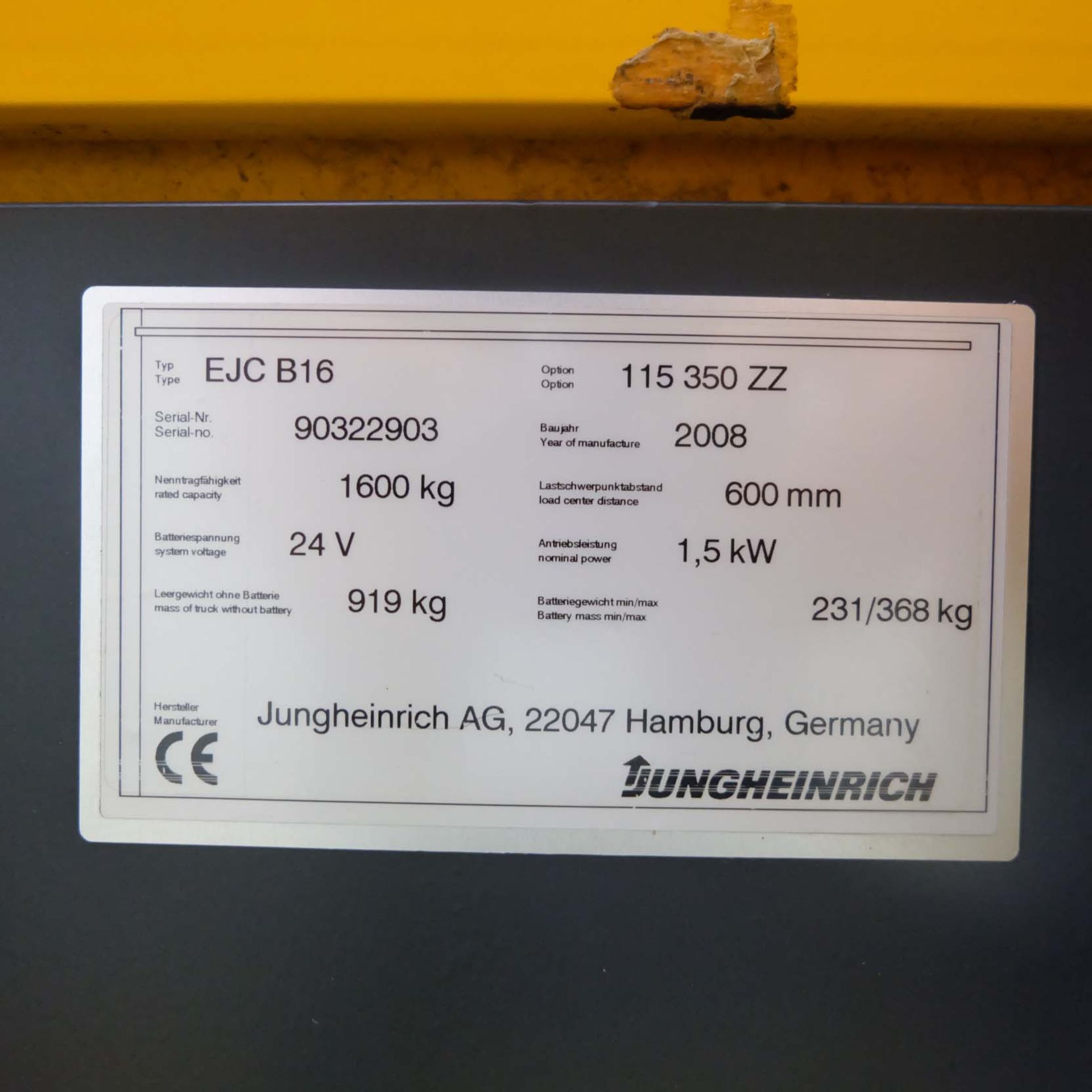 Jungheinrich Type EJC B16 Electric Fork Lift Walkie Stacker. Nominal Load at COG 1600KG. Load Centre - Image 11 of 14