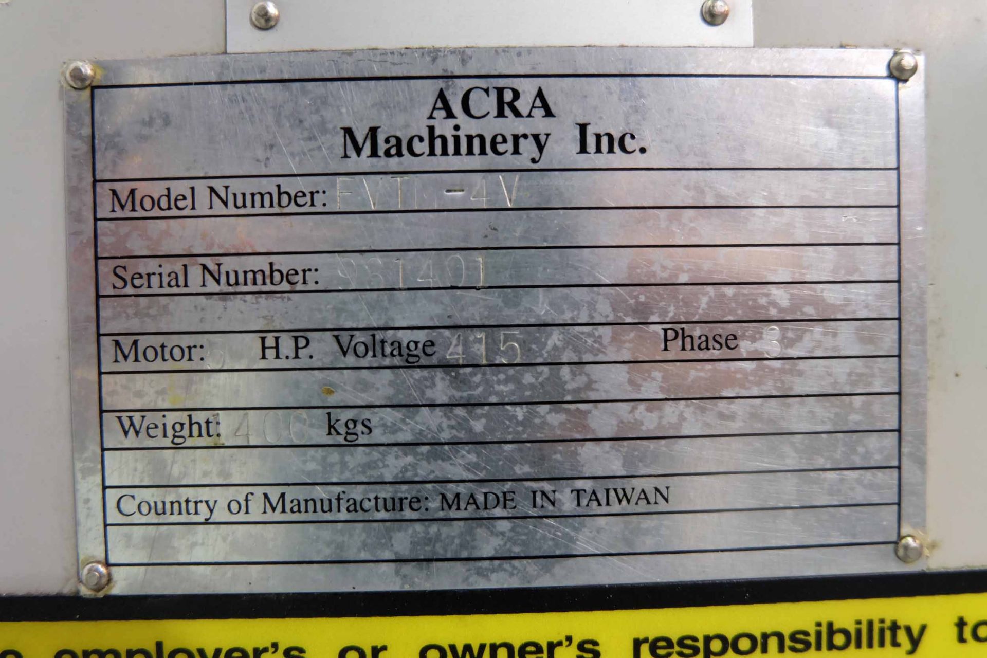 Acra Model FVT-4V Heavy Duty Turret Milling Machine. Table Size 50" x 10". Spindle Taper 40 Int. Spi - Bild 9 aus 11