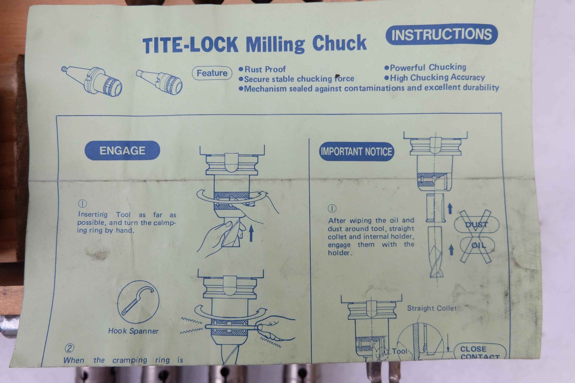 NT Tite-lock Milling Chuck and Collets with r8 Taper to Suit Bridgeport Etc. With Instructions & Car - Bild 6 aus 8