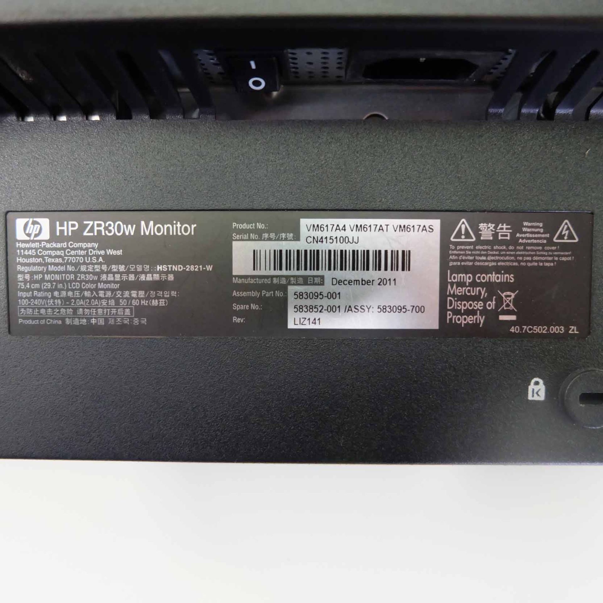 HP Model HPZR30W LCD Computer Monitor. Size 30". Tilting and Swivelling. - Image 9 of 10