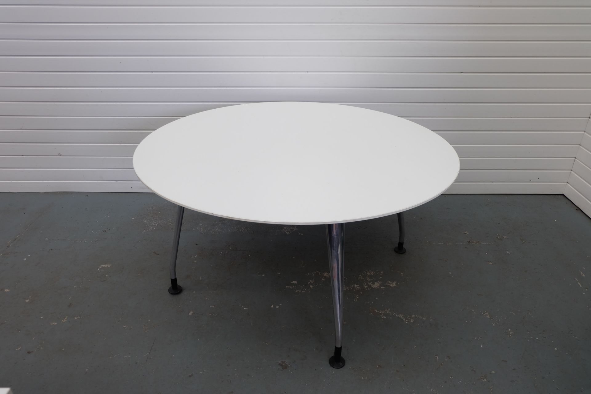 White Round Table. 4 Metal Legs and Adjustable Feet. Size 1500mm Diameter x 800mm High.