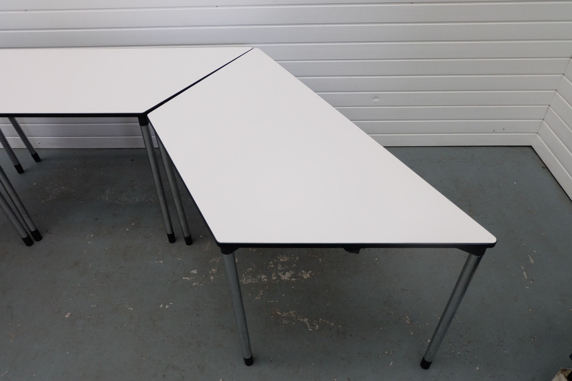 3 x Trapeziod Shape Desks With Metal Legs. Size 1470mm x 650mm x 750mm High. - Image 4 of 4