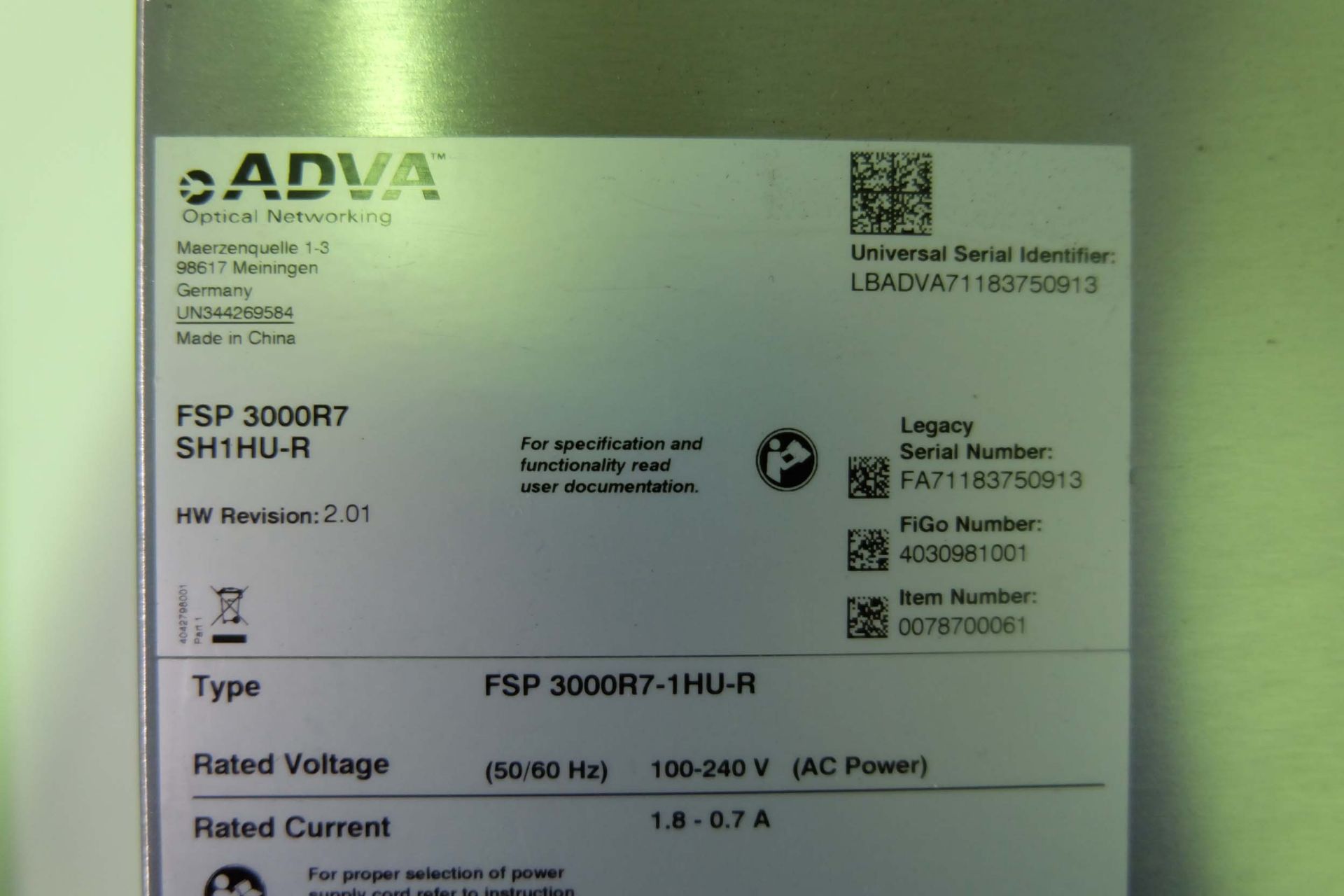 ADVA Type FSP 3000 R7-1HU-R Fibre Service Platform + ADVA Model SH1HU/Passive Unit. + ADVA Model FSP - Image 7 of 9