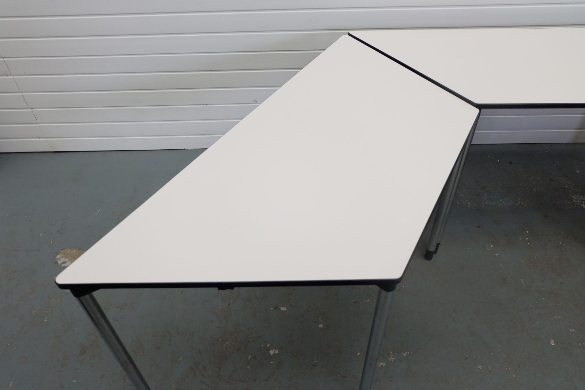 3 x Trapeziod Shape Desks With Metal Legs. Size 1470mm x 650mm x 750mm High. - Image 2 of 4