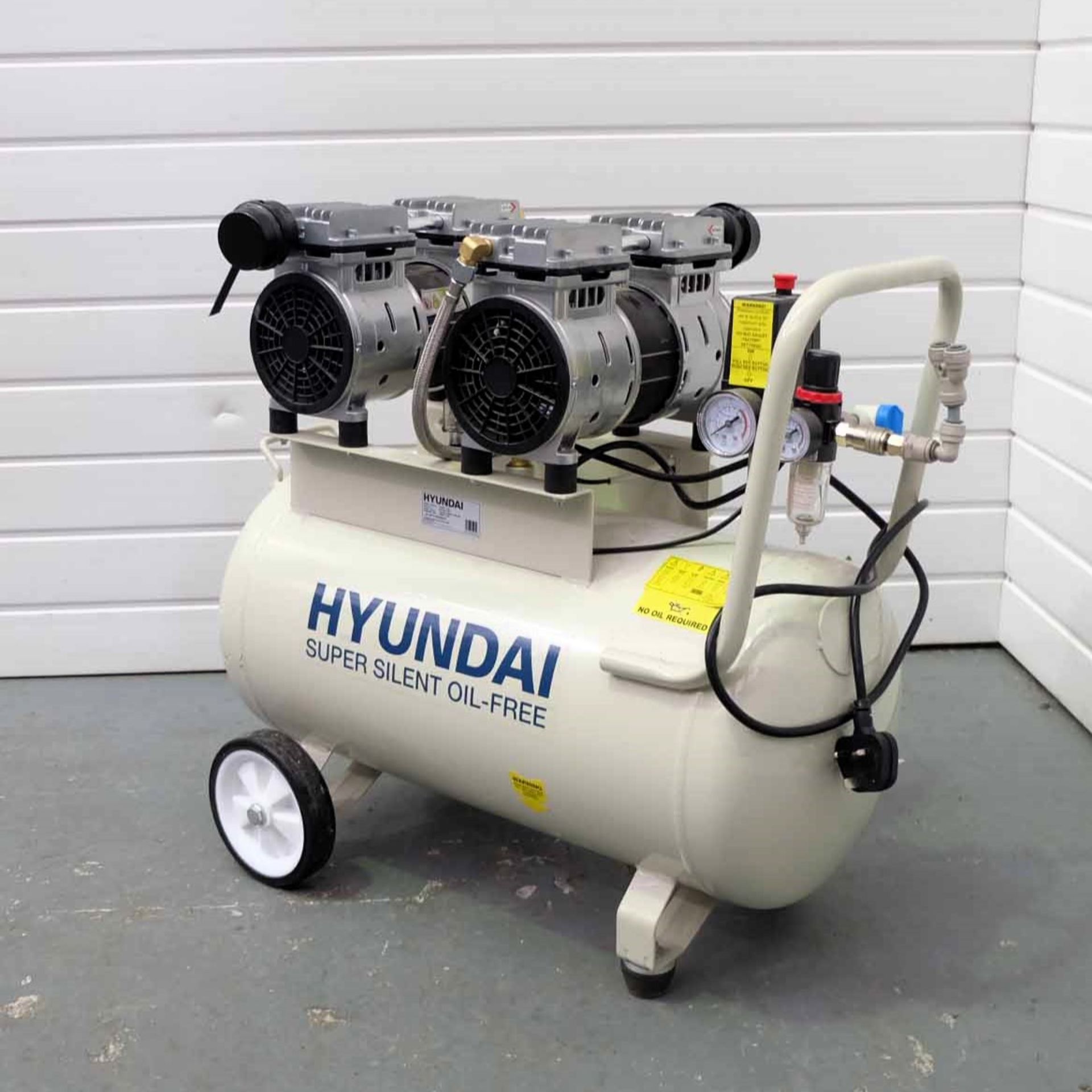 Hyundai Super Silent Oil Free Compressor. Model No HY27550. Tank Capacity 50 Litres. Pressure 7 Bar.