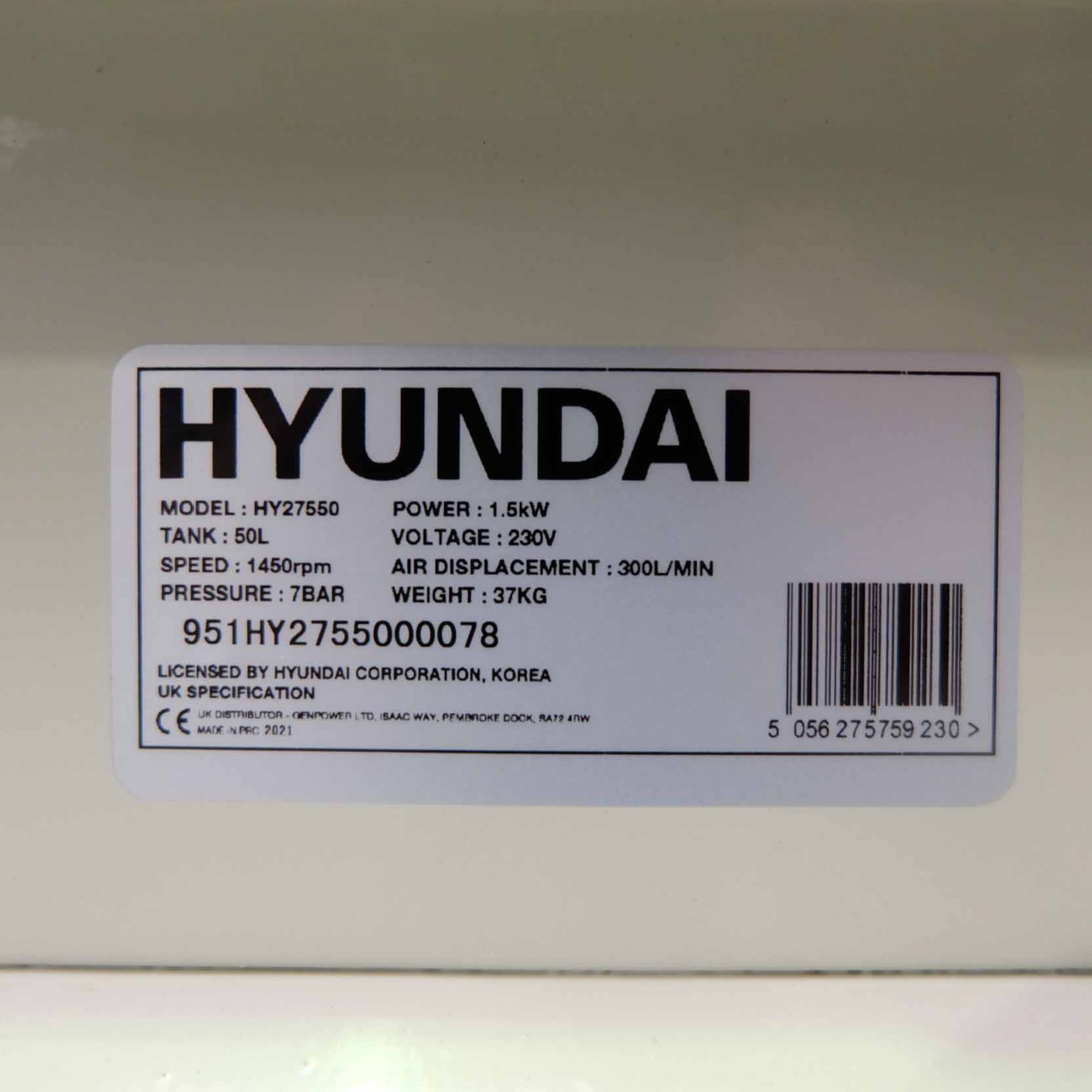 Hyundai Super Silent Oil Free Compressor. Model No HY27550. Tank Capacity 50 Litres. Pressure 7 Bar. - Image 7 of 7