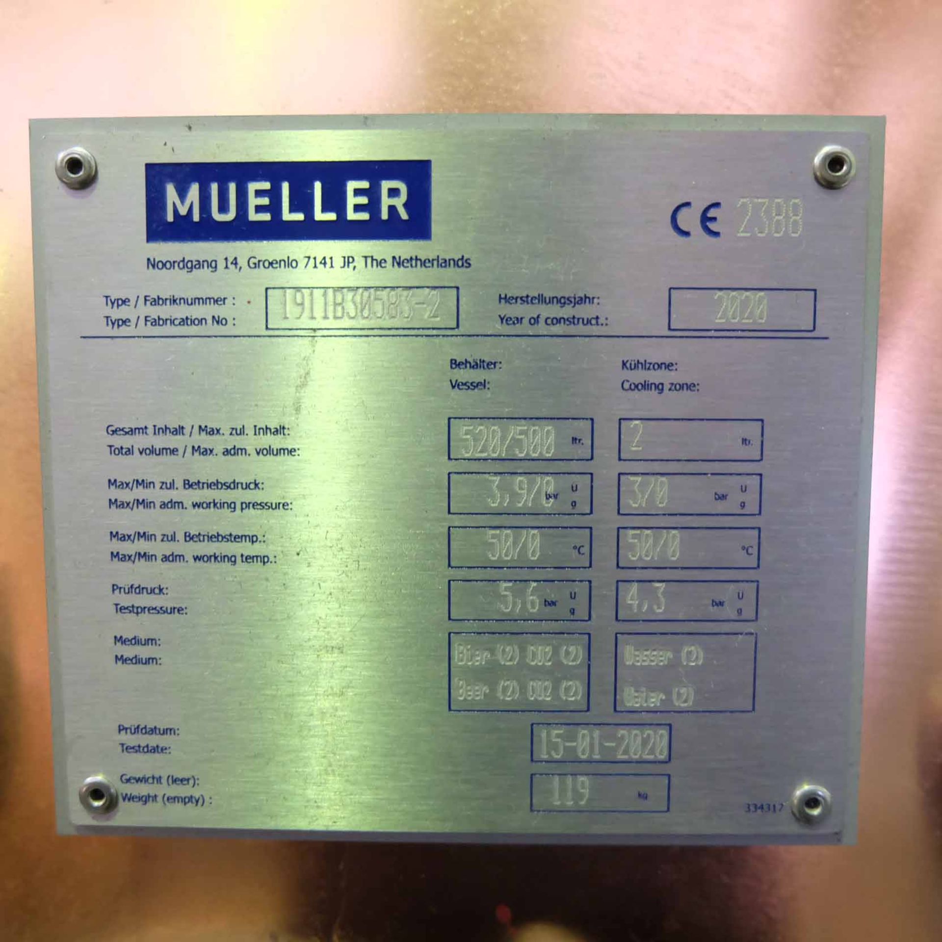 Paul Mueller Ltd. (Missouri USE) Copper Serving Beer Tank. Model 500Ltr. With Self Cooling Bag in Ta - Image 9 of 11