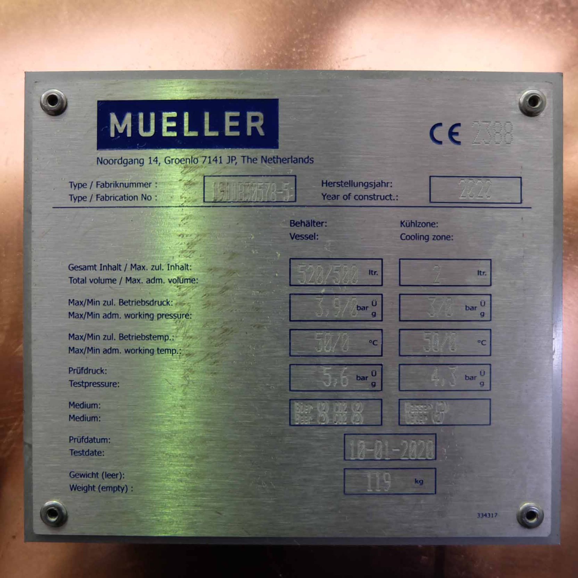 Paul Mueller Ltd. (Missouri USE) Copper Serving Beer Tank. Model 500Ltr. With Self Cooling Bag in Ta - Image 9 of 11