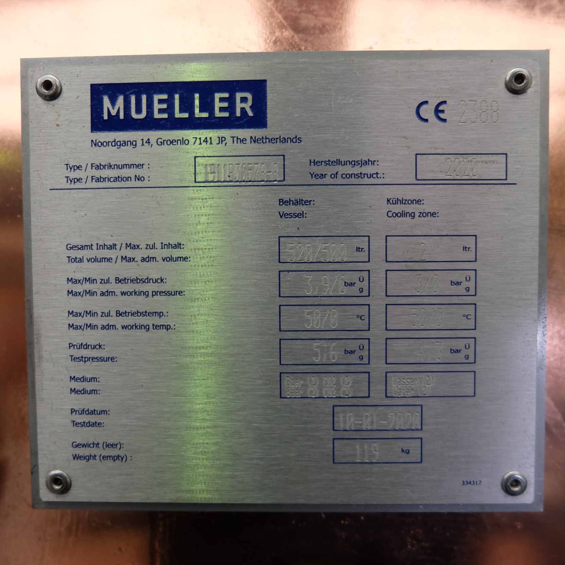 Paul Mueller Ltd. (Missouri USE) Copper Serving Beer Tank. Model 500Ltr. With Self Cooling Bag in Ta - Image 8 of 10