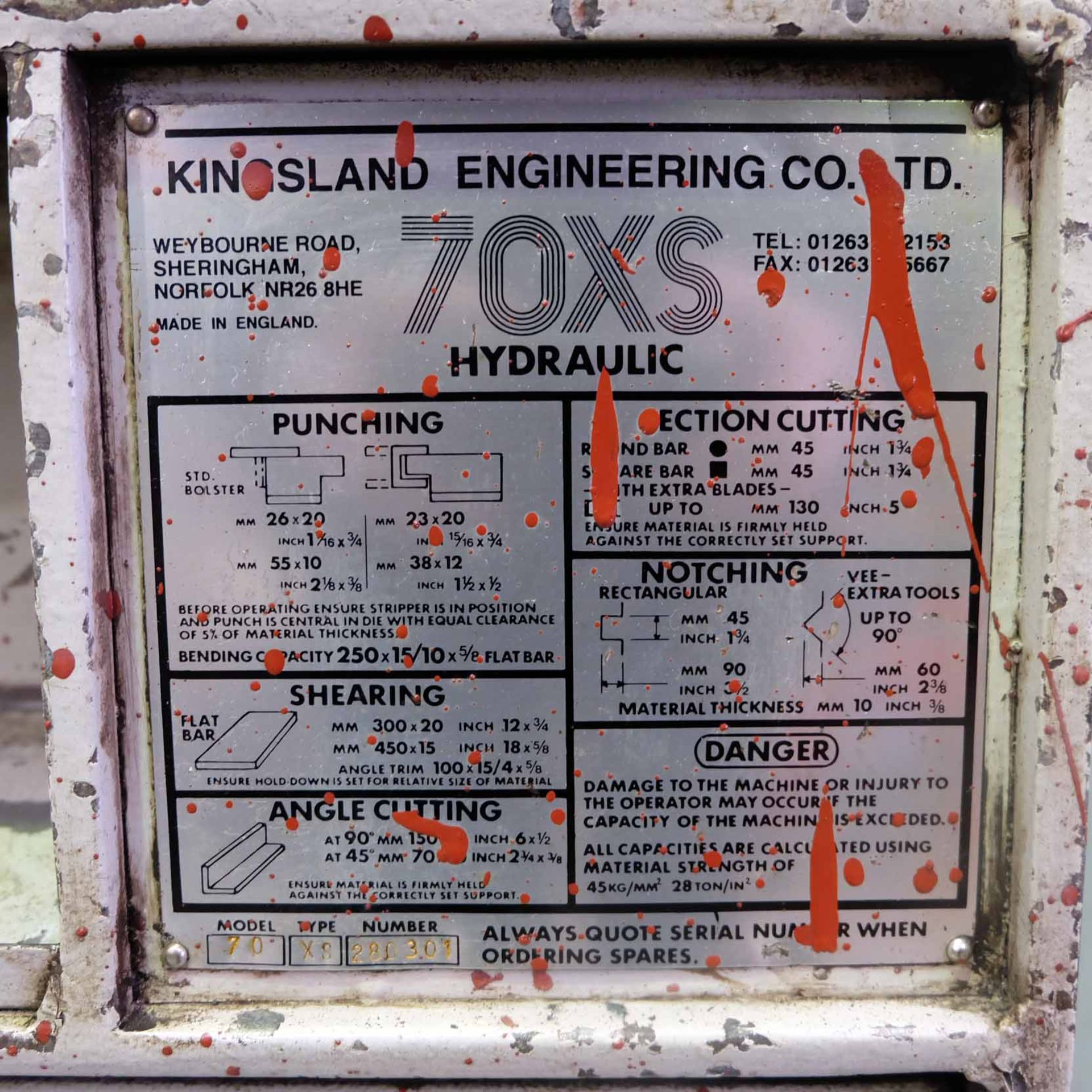 Kingsland 70XS Hydraulic Steel Worker. Capacity 70 Ton. Punch Capacity 26 x 20mm or 55 x 10mm. Secti - Image 11 of 17