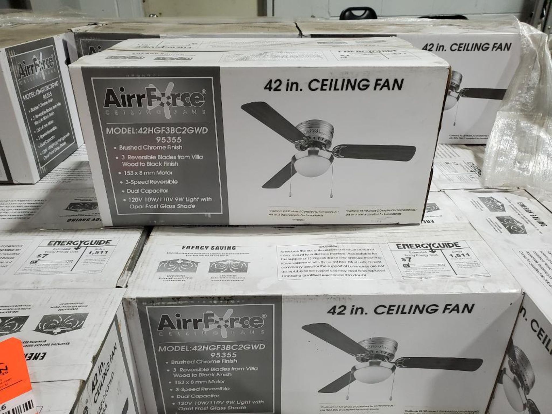 Qty 6 - AirrForce Ceiling Fans 42HGF3BC2GWD, 95355. 42 in ceiling fan. New in box.