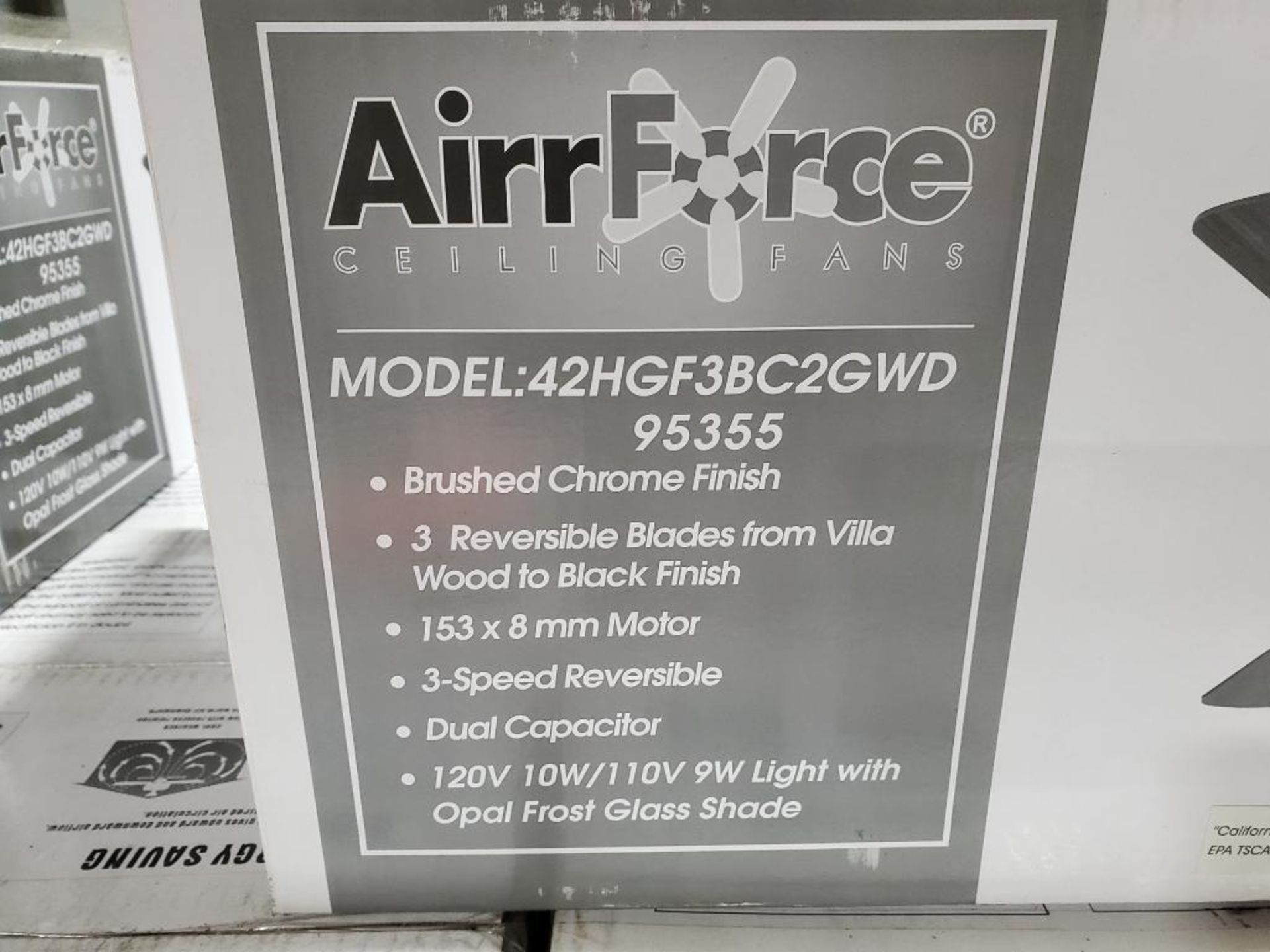 Qty 6 - AirrForce Ceiling Fans 42HGF3BC2GWD, 95355. 42 in ceiling fan. New in box. - Image 3 of 4