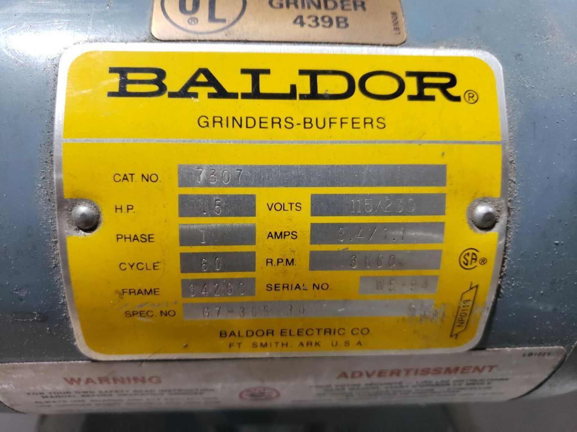 1/2hp Baldor double end grinder. Model 7307. 113/230v single phase. - Image 2 of 8