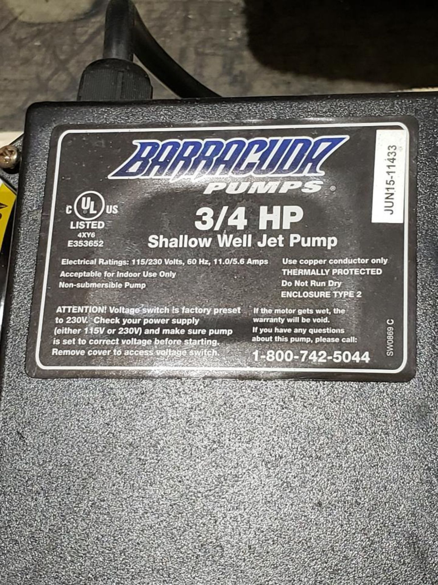 3/4hp Barracuda shallow well jet pump. 115/230v single phase. - Image 4 of 4