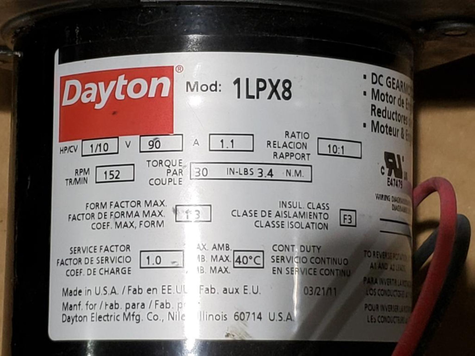 1/10hp Dayton gear motor. Model 1LPX8. 10:1 ratio. - Image 2 of 3