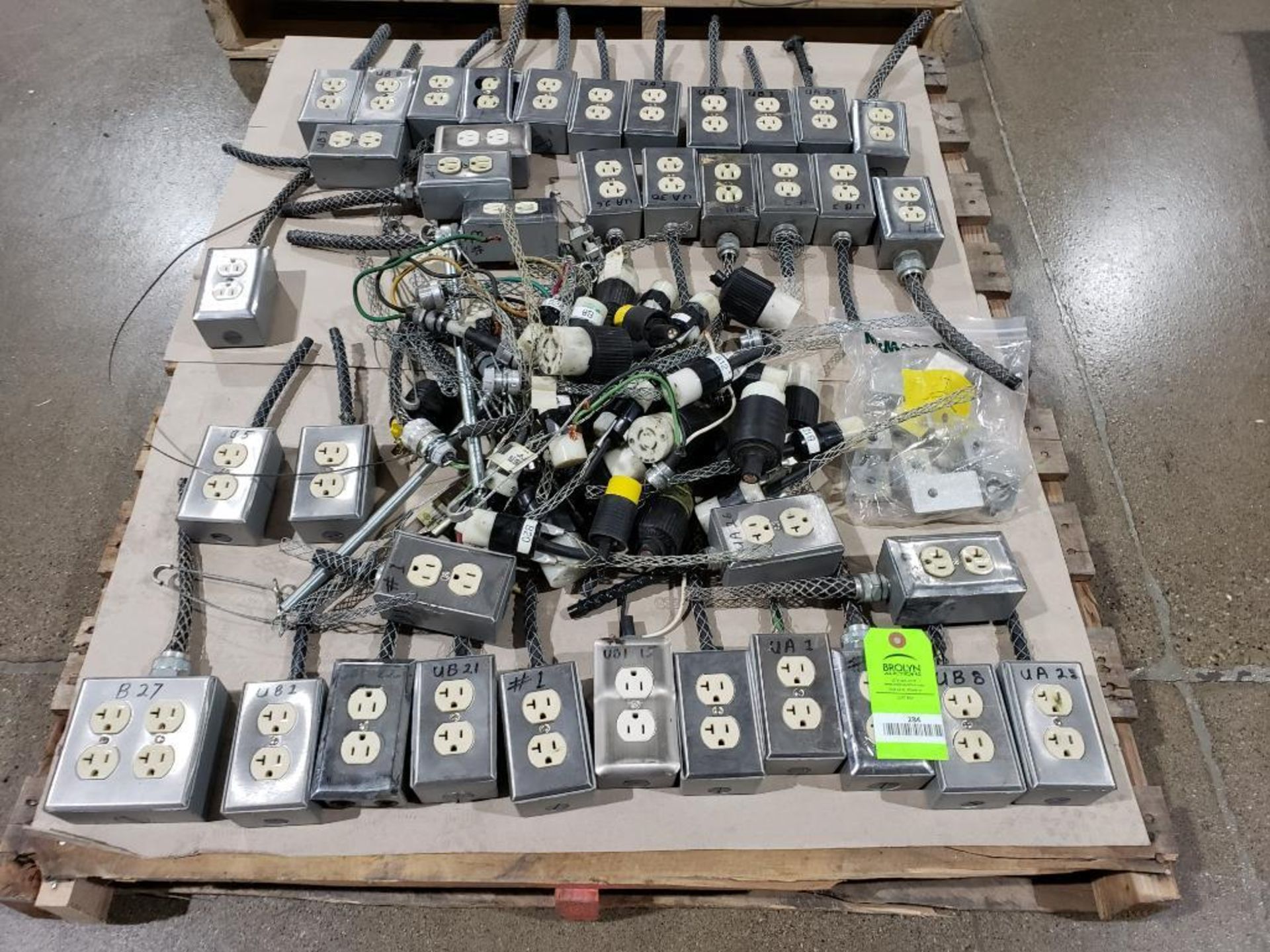 Pallet of plug ends with cord grips, complete boxes for handing, etc.