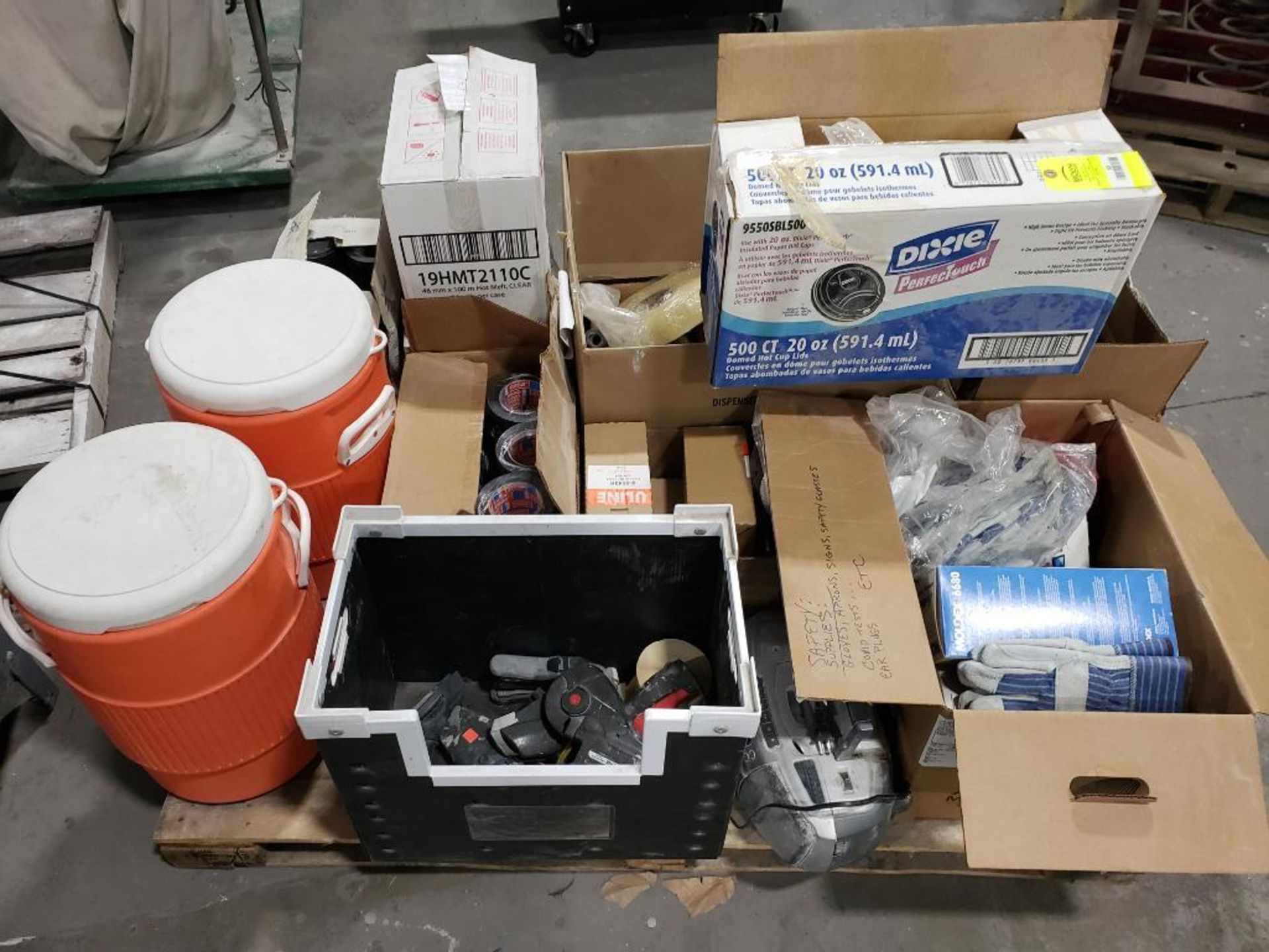 Pallet of assorted shop supplies.