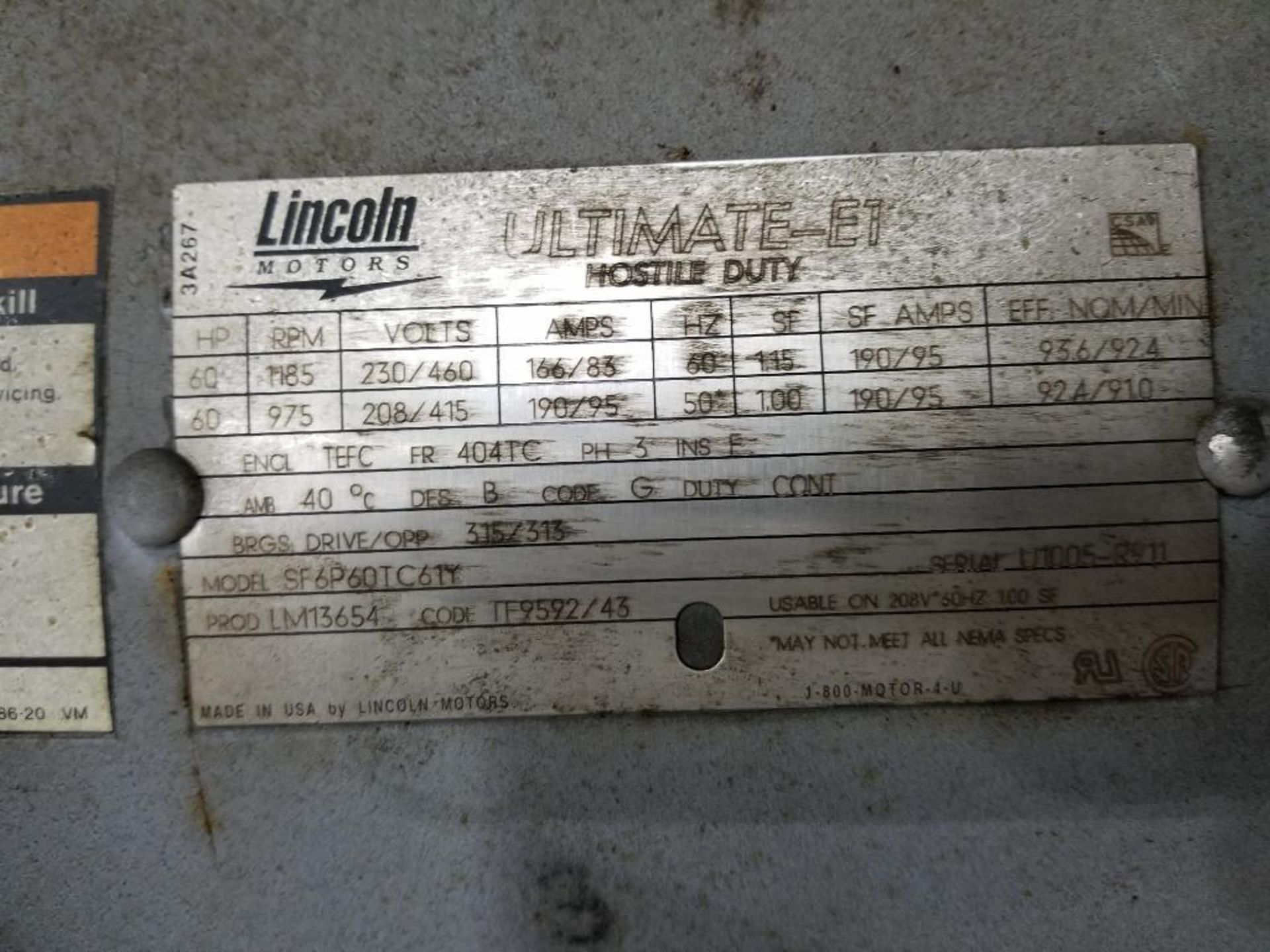 60hp Lincoln hostile duty motor. 208-460v 3 phase. 975-1185rpm. 404TC frame. - Image 3 of 4