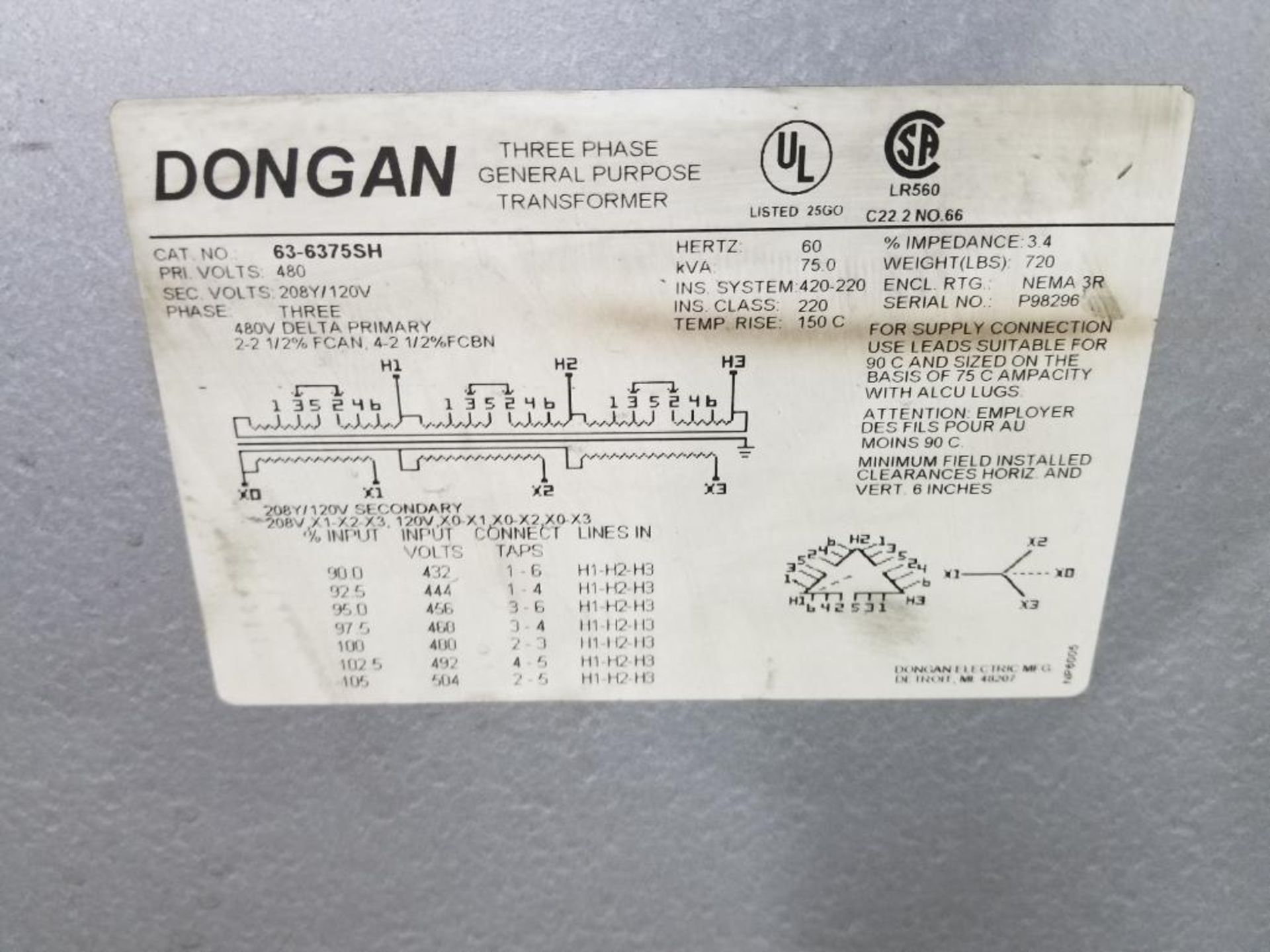 75kVa Dongan transformer. Catalog 63-6375SH. - Image 2 of 3