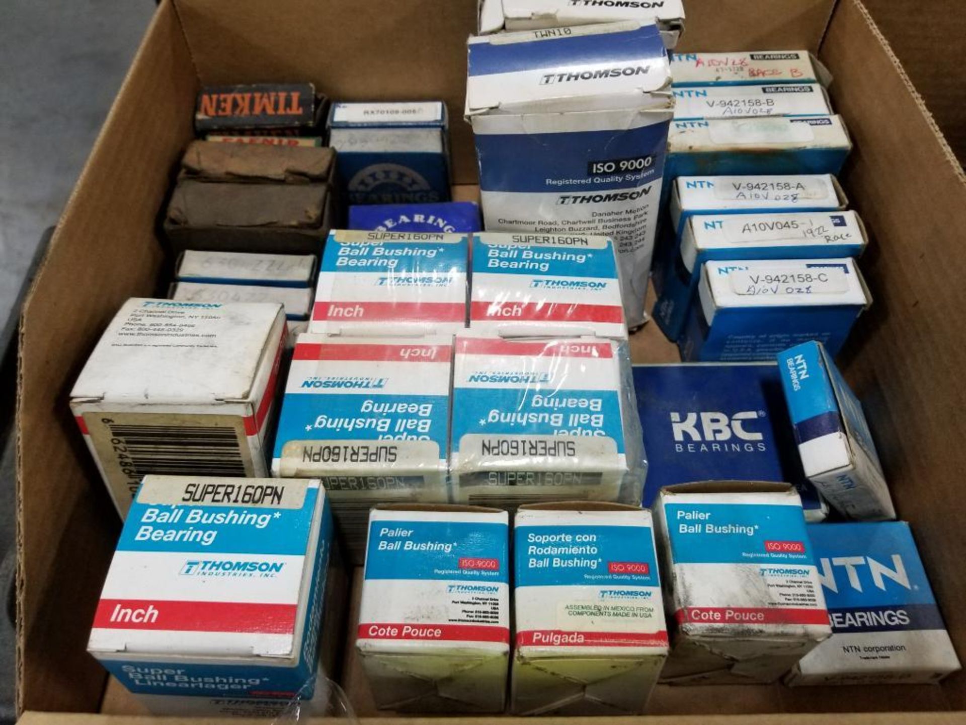 Large assortment of Thomson, NTN, Timken, and other bearings.