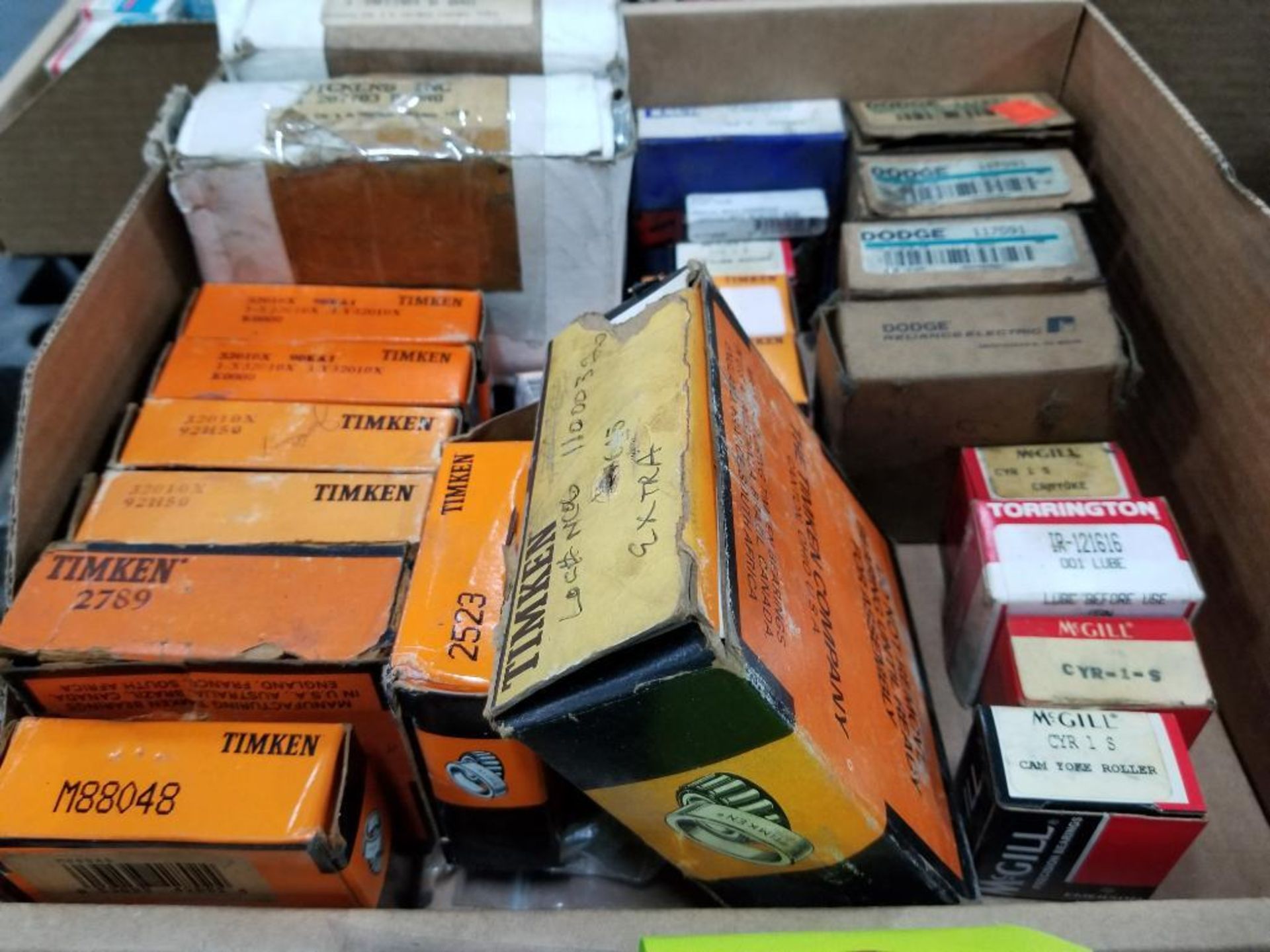 Large assortment of Timken, McGill, and other bearings, etc.