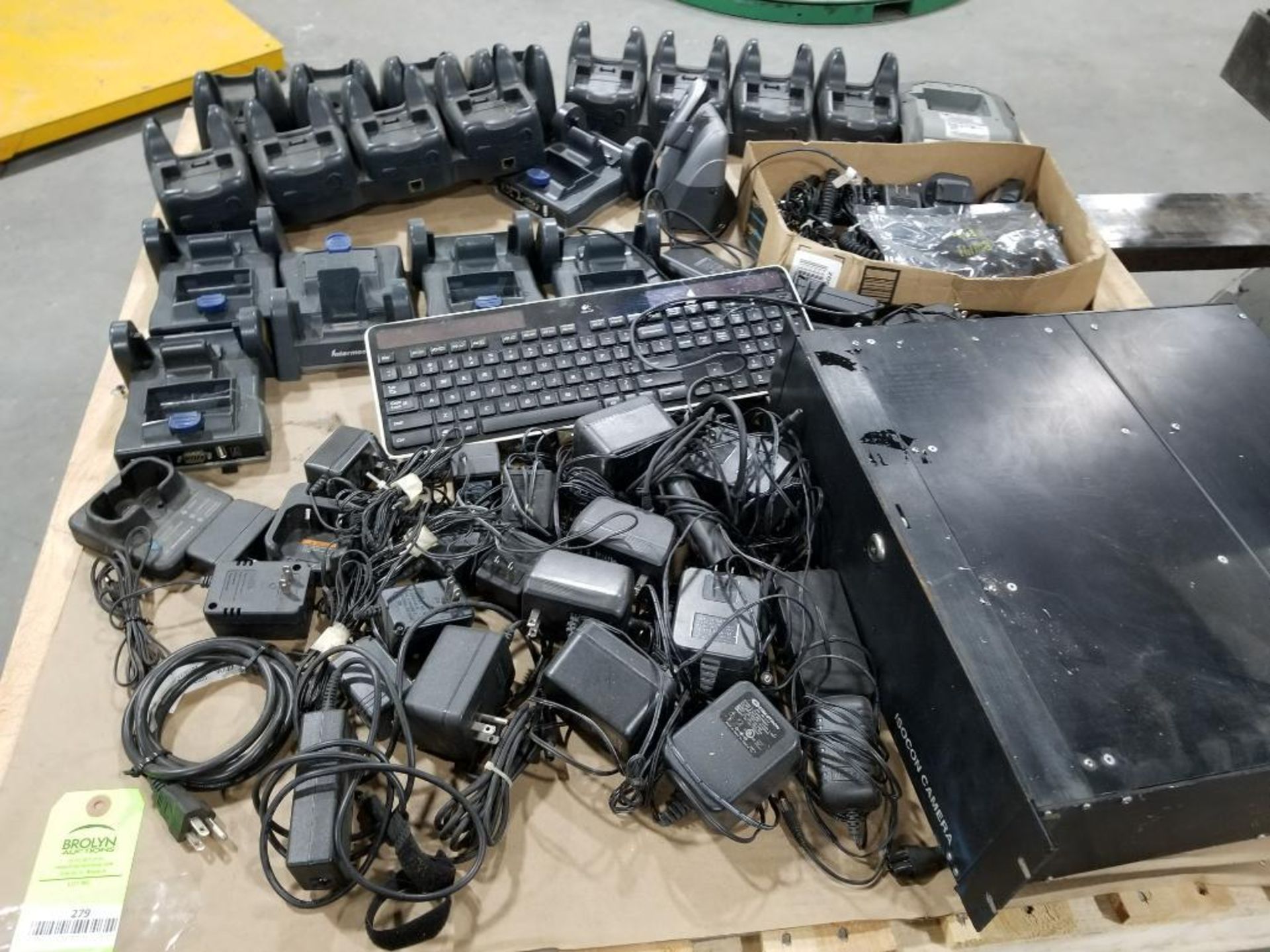 Pallet of assorted walkie talkie chargers, computer components, etc.