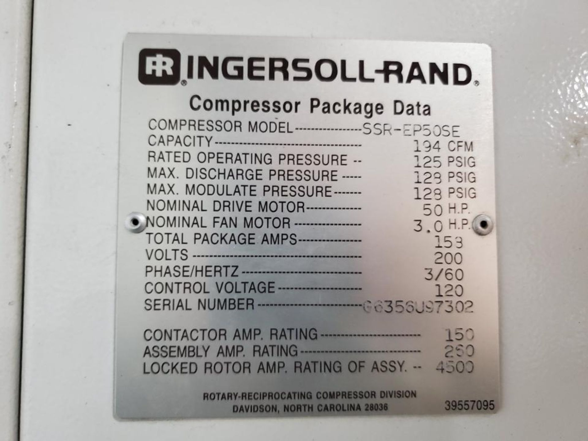 50hp Ingersoll Rand rotary screw compressor. Model SSR-EP50SE. - Image 5 of 10