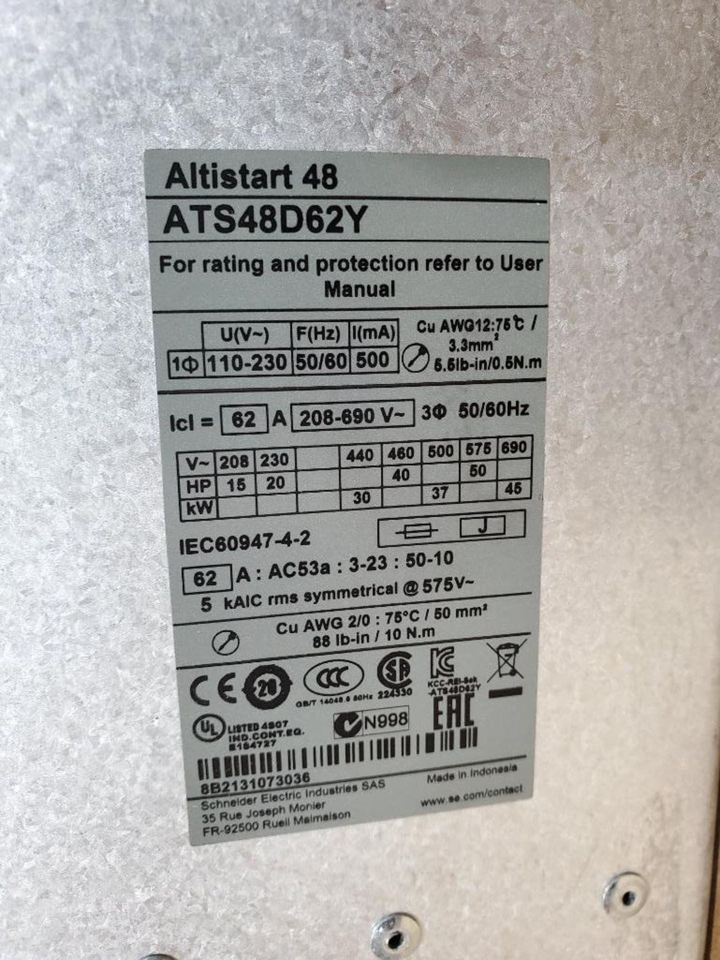 25hp Schneider Electric Altistart 48 drive. Part number ATS48D62Y. - Image 5 of 8