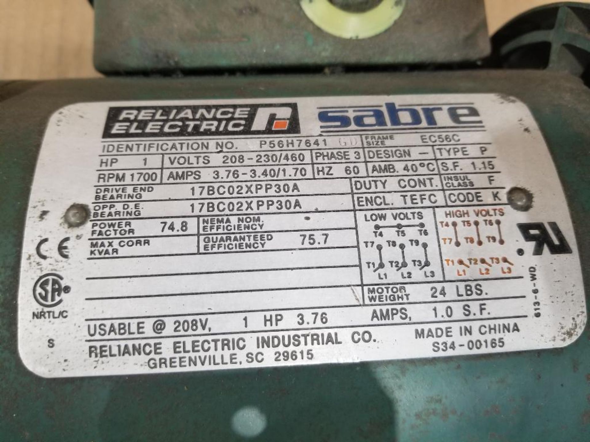 1hp Reliance Electric motors. 208-230/460v 3 phase. 1700rpm, EC56C frame. - Image 2 of 5